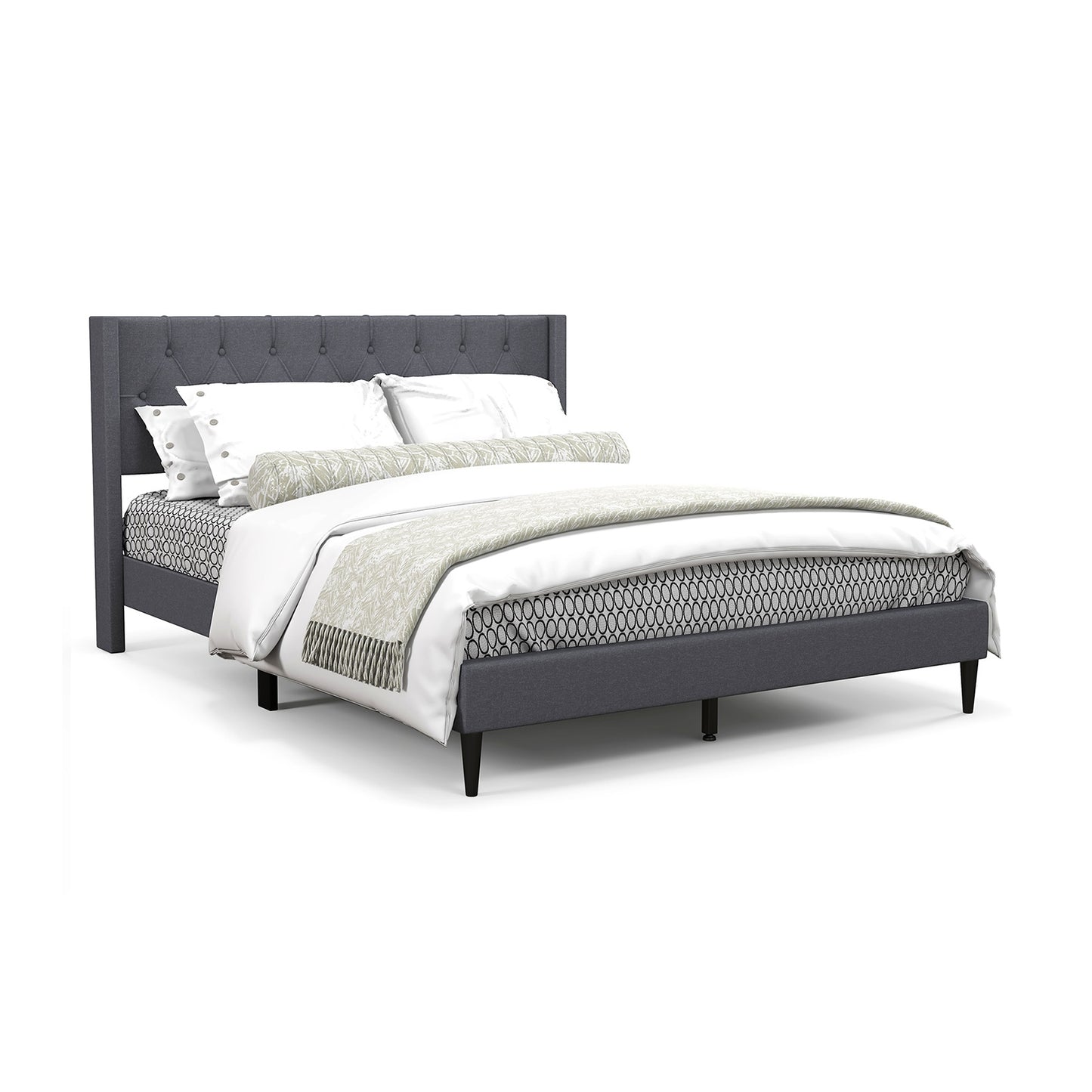 Queen Size Upholstered Platform Bed with Button Tufted Wingback Headboard-Gray Kids Crystal