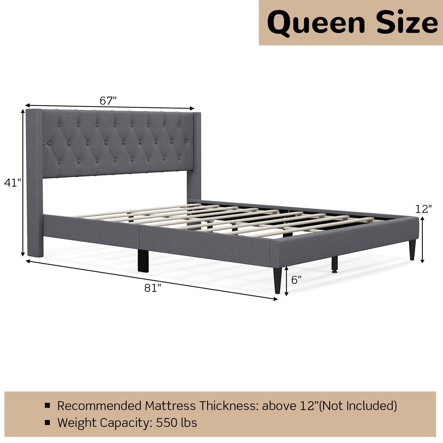 Queen Size Upholstered Platform Bed with Button Tufted Wingback Headboard-Gray Kids Crystal