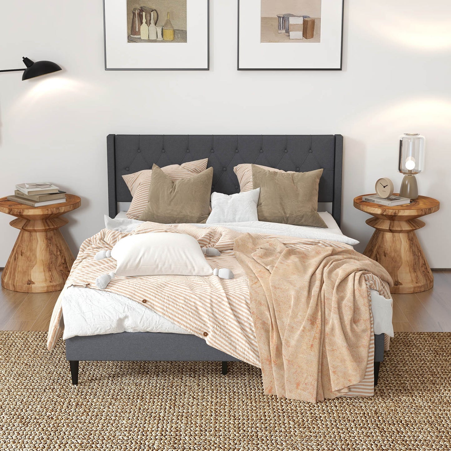 Queen Size Upholstered Platform Bed with Button Tufted Wingback Headboard-Gray Kids Crystal