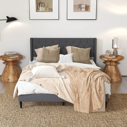 Queen Size Upholstered Platform Bed with Button Tufted Wingback Headboard-Gray