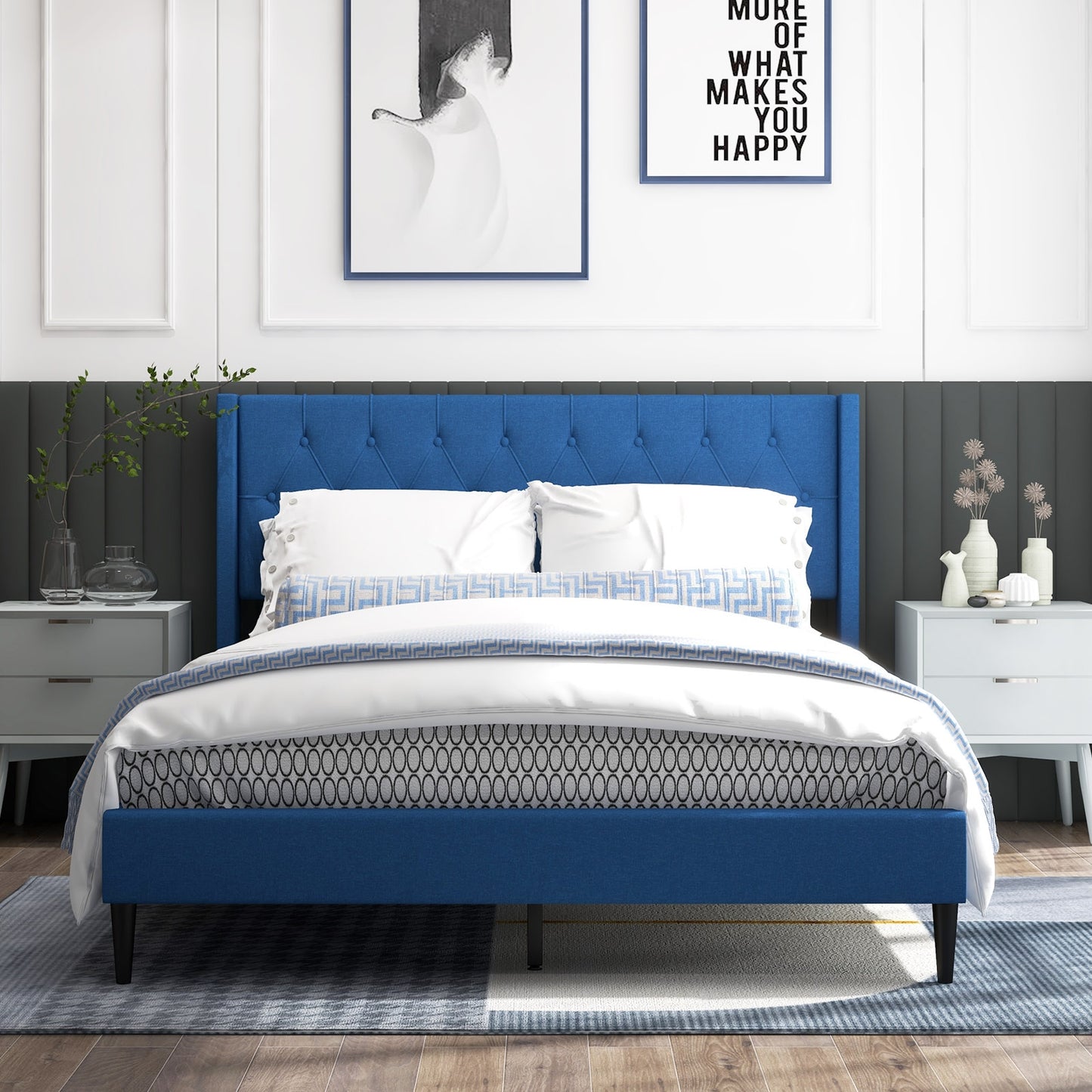 Queen Size Upholstered Platform Bed with Button Tufted Wingback Headboard-Blue Kids Crystal
