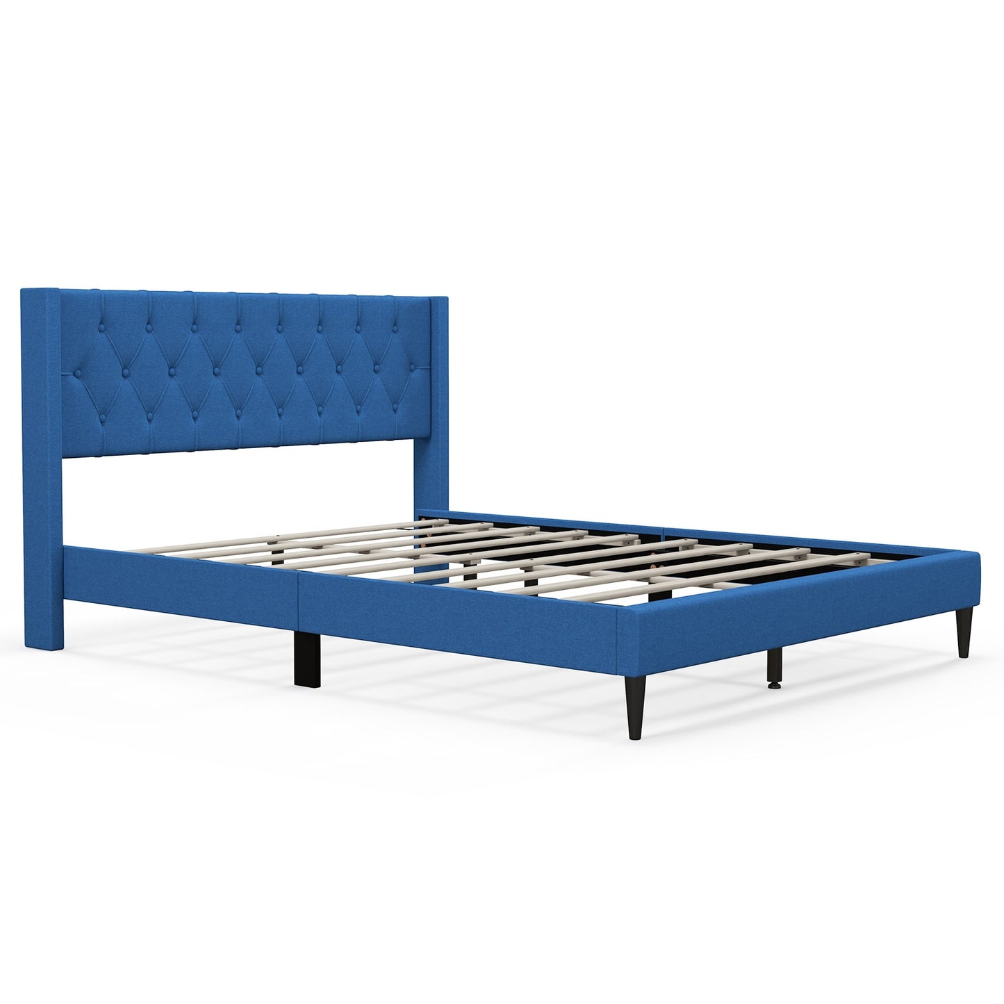 Queen Size Upholstered Platform Bed with Button Tufted Wingback Headboard-Blue Kids Crystal