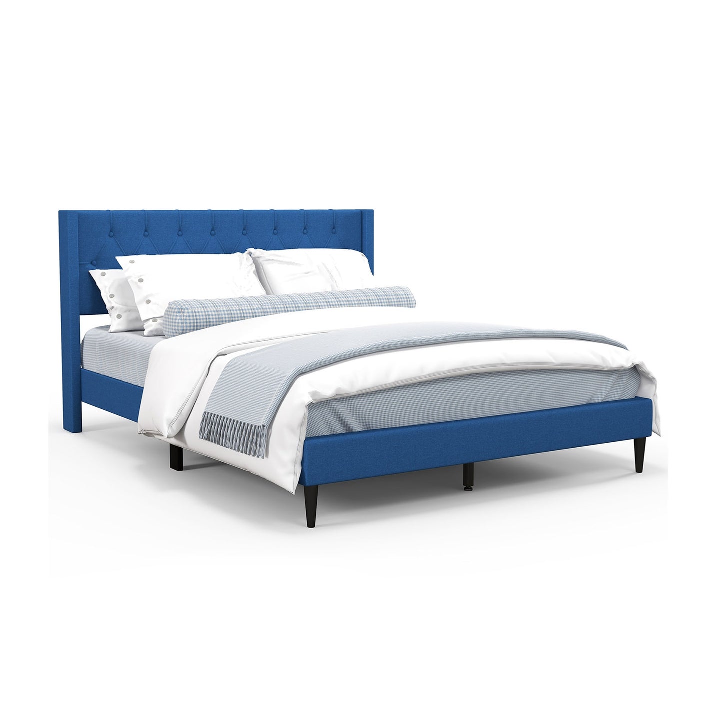 Queen Size Upholstered Platform Bed with Button Tufted Wingback Headboard-Blue Kids Crystal