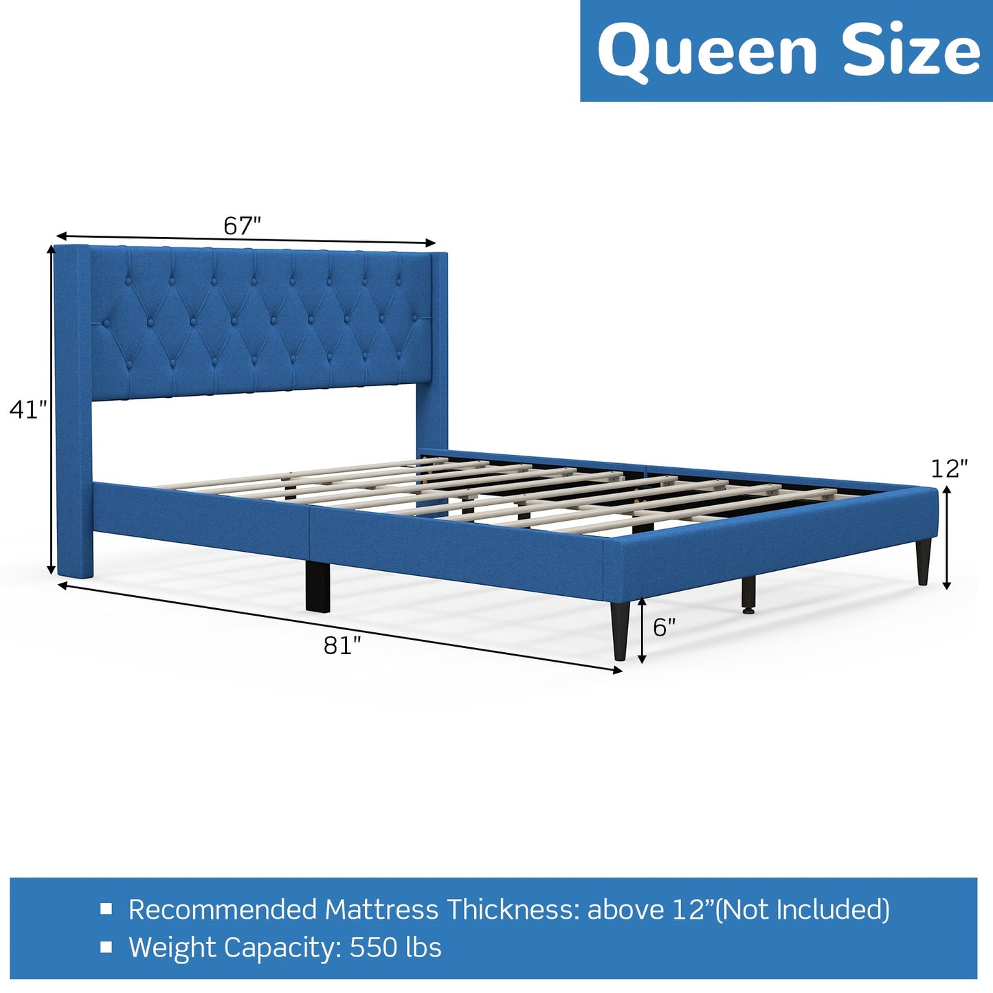 Queen Size Upholstered Platform Bed with Button Tufted Wingback Headboard-Blue Kids Crystal