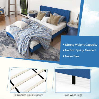 Queen Size Upholstered Platform Bed with Button Tufted Wingback Headboard-Blue