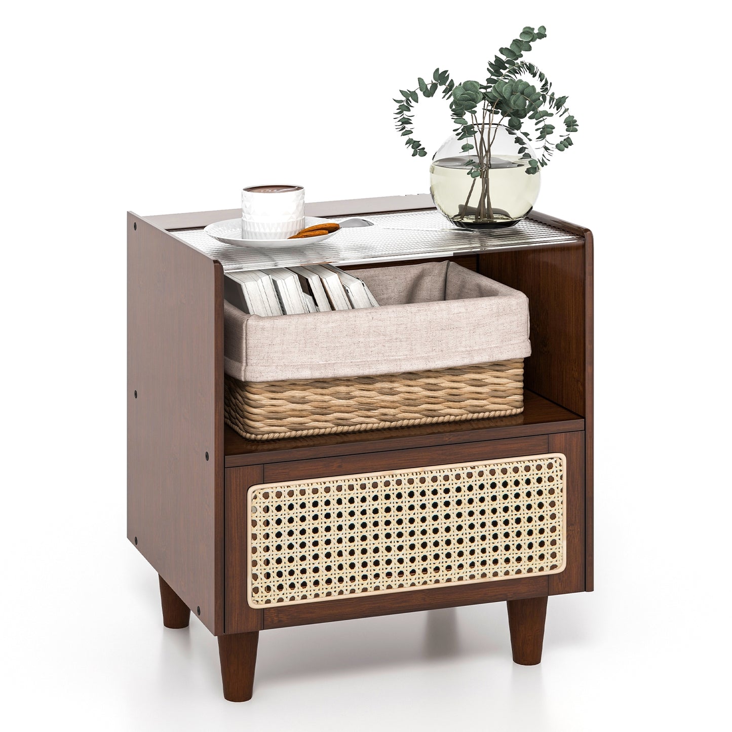 Bamboo Rattan Nightstand with Drawer and Solid Wood Legs-Brown Kids Crystal