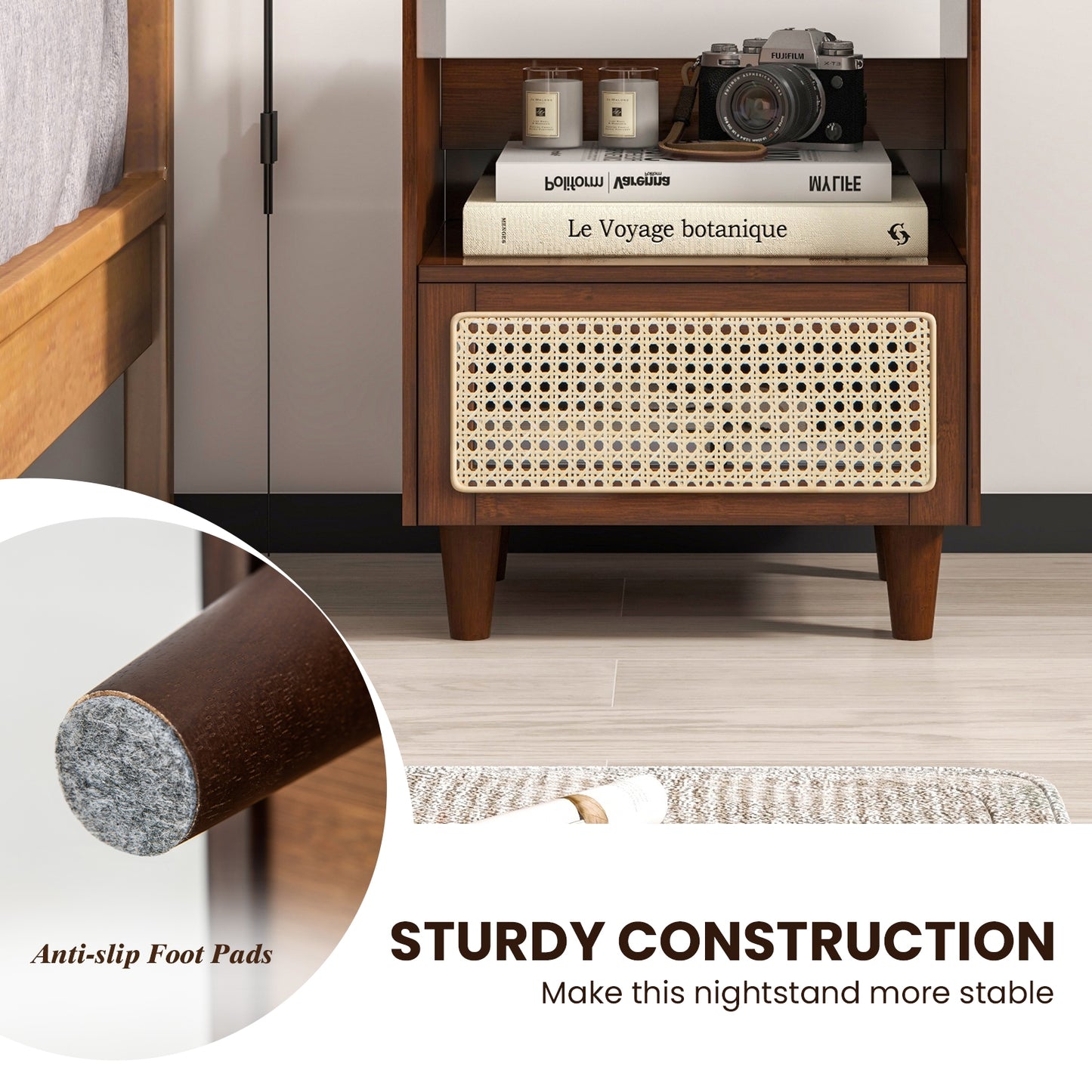 Bamboo Rattan Nightstand with Drawer and Solid Wood Legs-Brown Kids Crystal