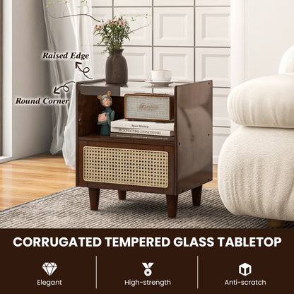 Bamboo Rattan Nightstand with Drawer and Solid Wood Legs-Brown