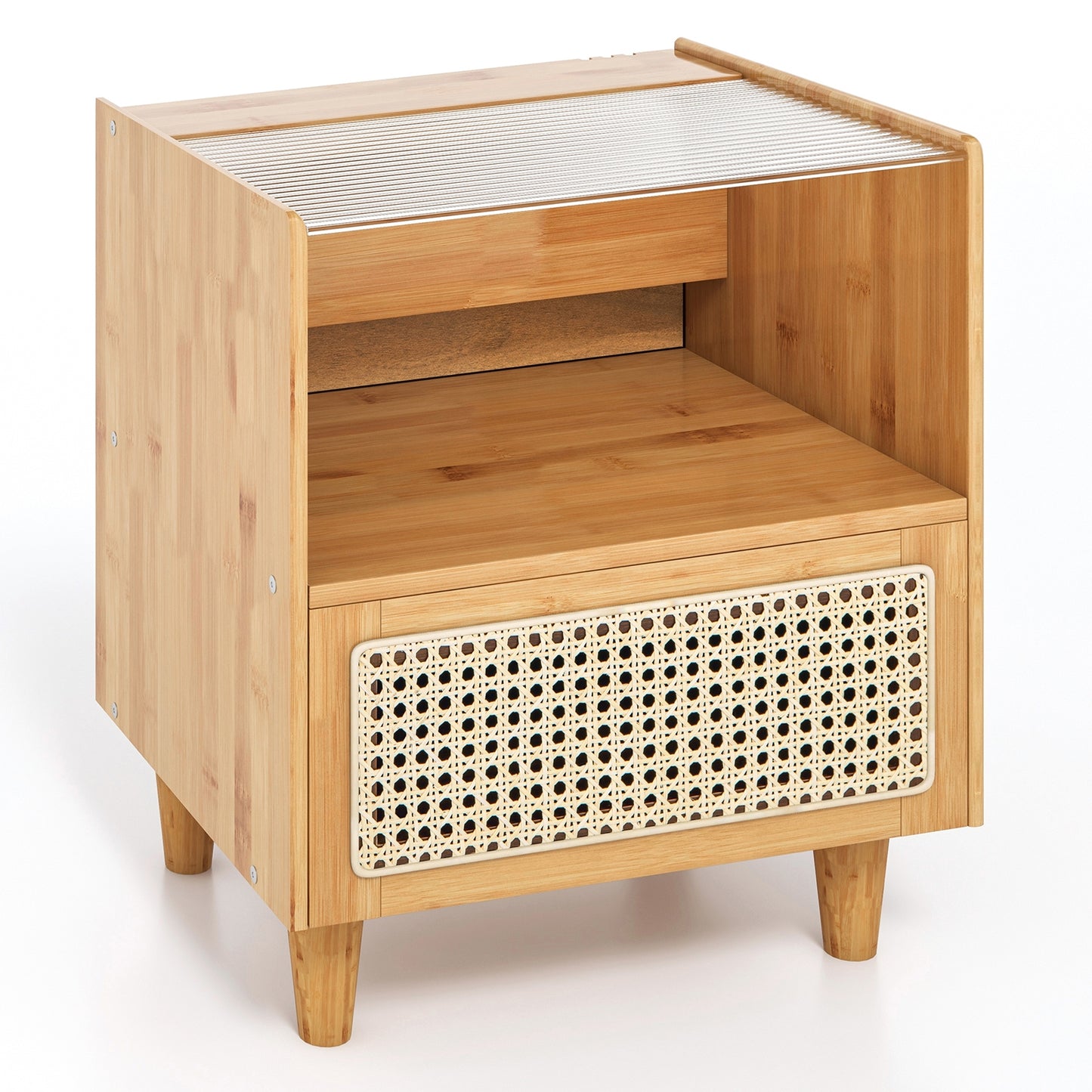 Bamboo Rattan Nightstand with Drawer and Solid Wood Legs-Natural Kids Crystal