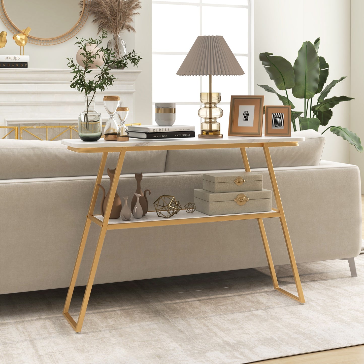 Console Table with Open Shelf Gold Metal Frame Living Room Hallway-White Kids Crystal