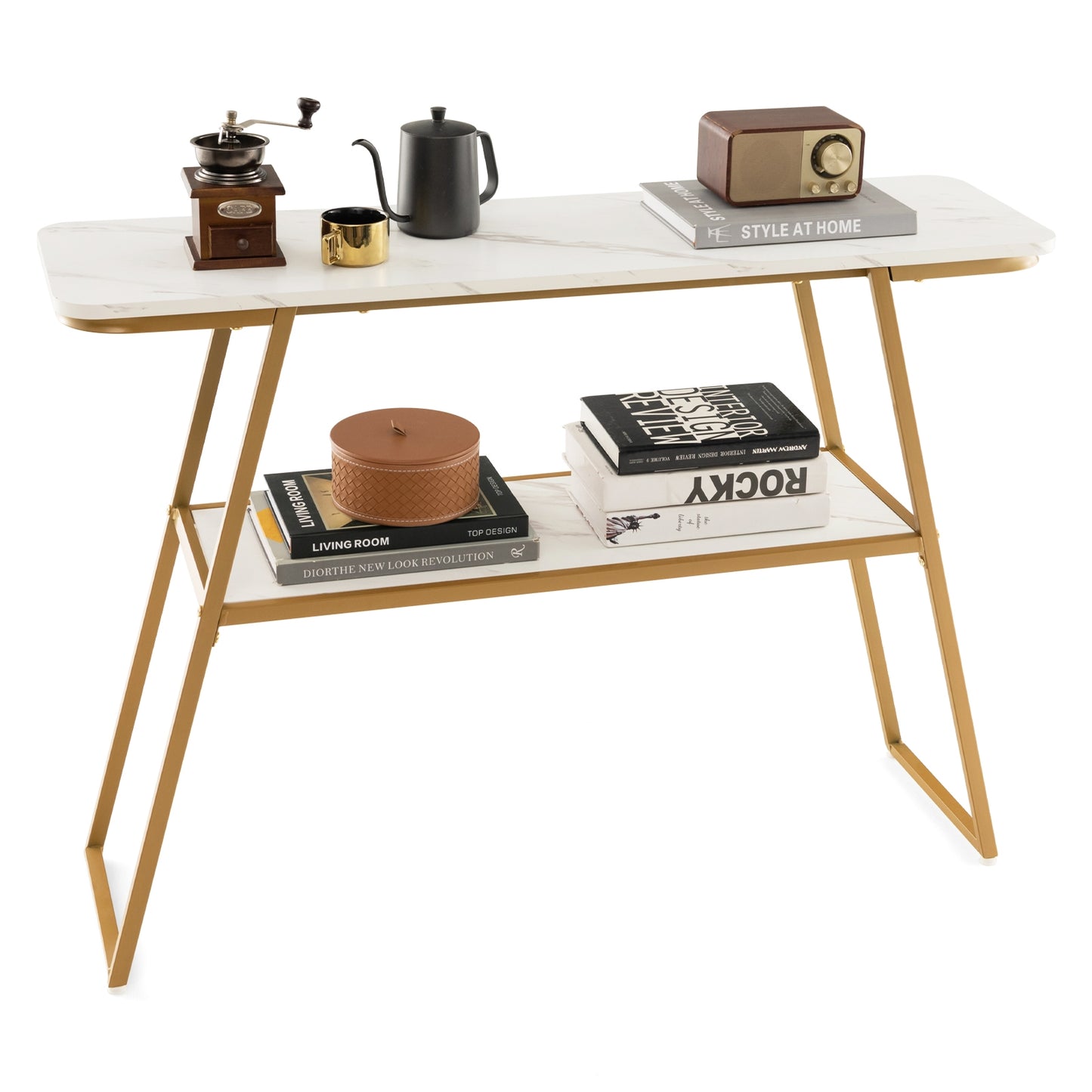 Console Table with Open Shelf Gold Metal Frame Living Room Hallway-White Kids Crystal