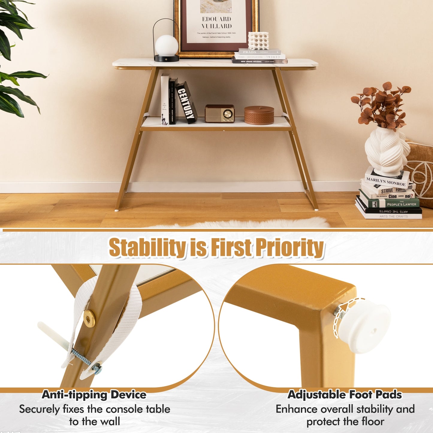 Console Table with Open Shelf Gold Metal Frame Living Room Hallway-White Kids Crystal