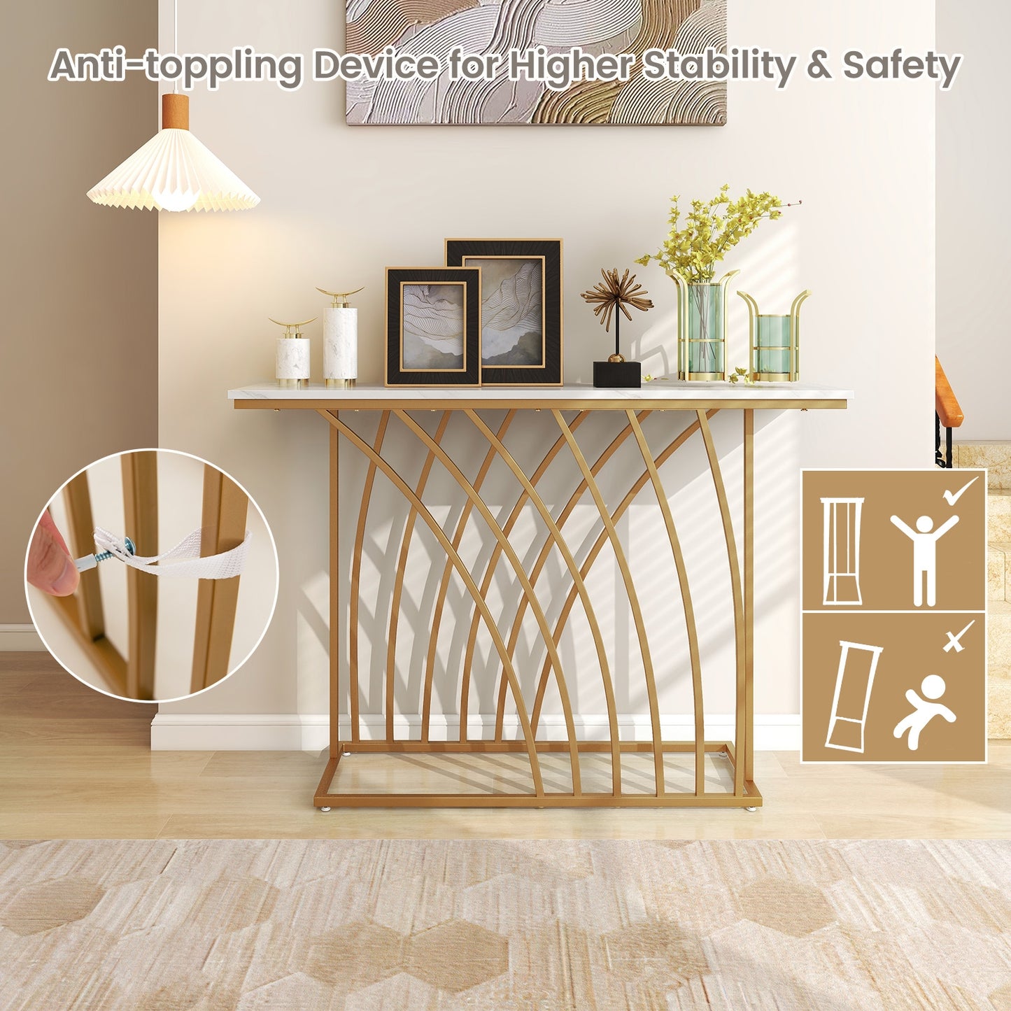 48 Inch Gold Console Table with White Faux Marble Tabletop-White Kids Crystal