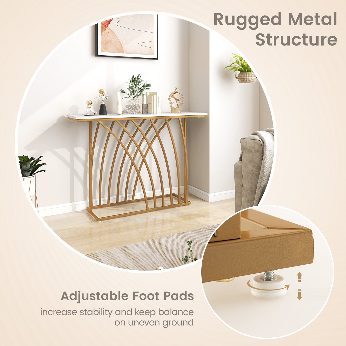 48 Inch Gold Console Table with White Faux Marble Tabletop-White Kids Crystal