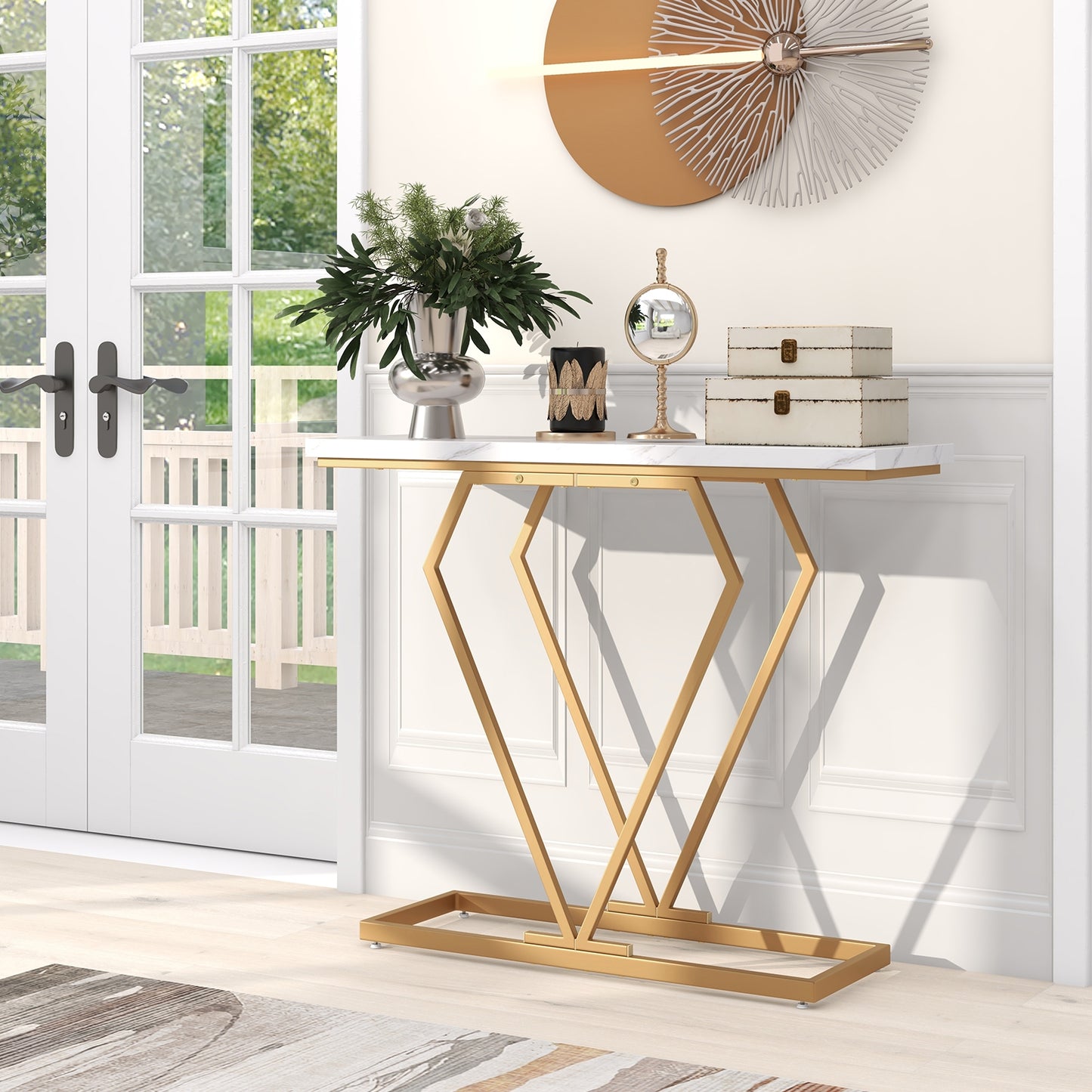 Gold Console Table with Diamond Shape Geometric Frame-White Kids Crystal