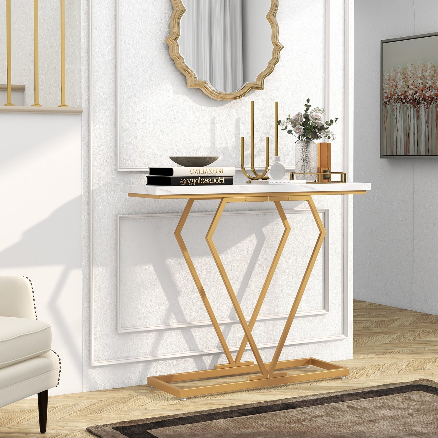 Gold Console Table with Diamond Shape Geometric Frame-White Kids Crystal