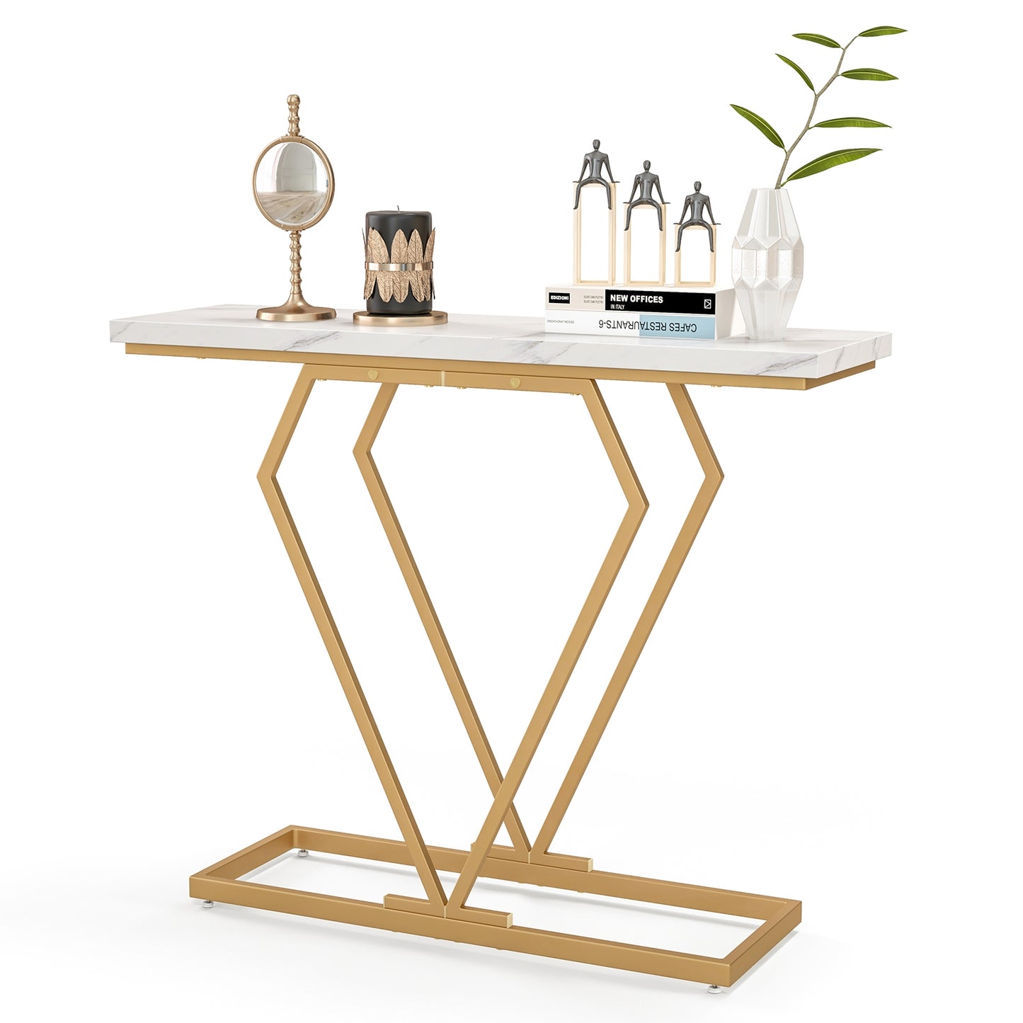 Gold Console Table with Diamond Shape Geometric Frame-White Kids Crystal