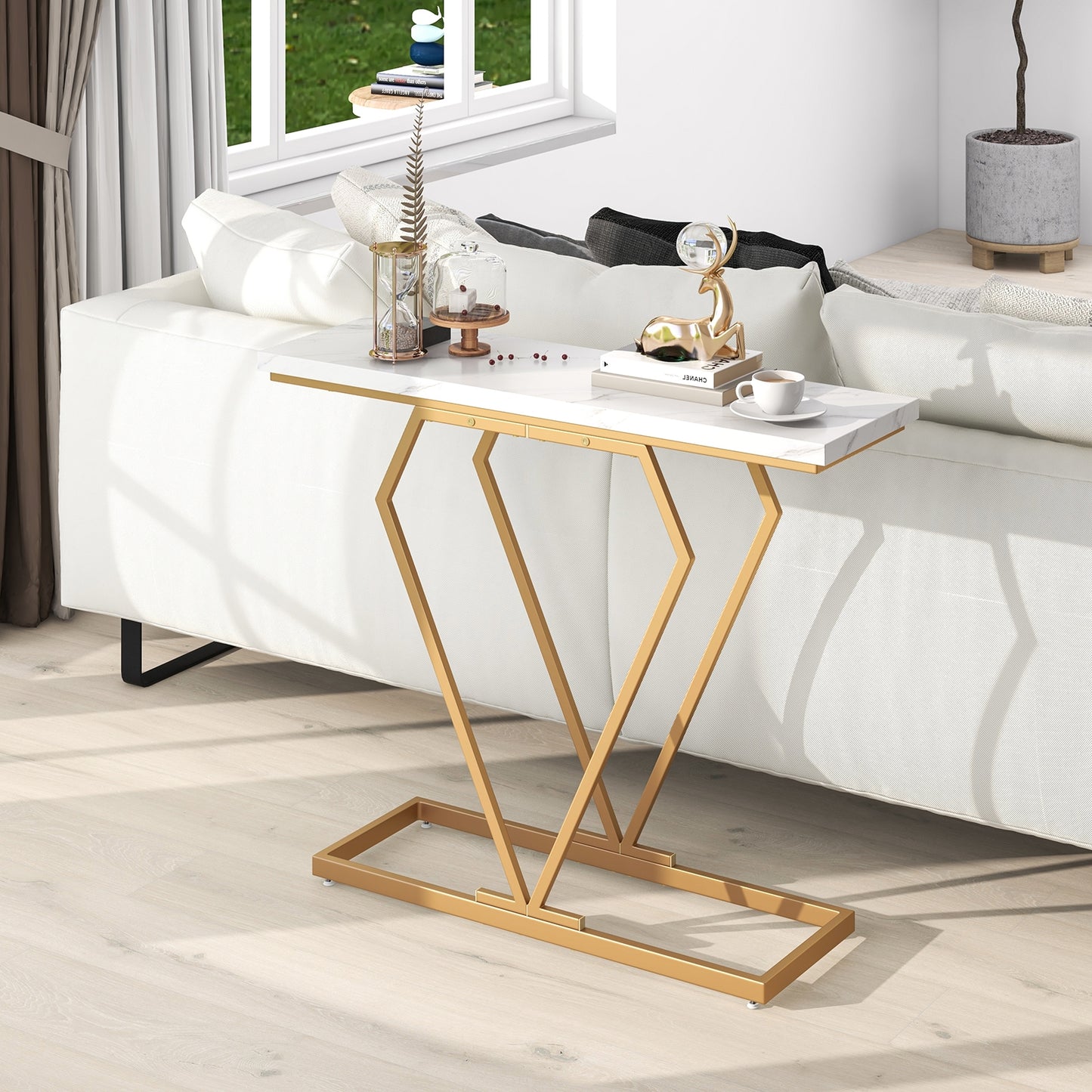 Gold Console Table with Diamond Shape Geometric Frame-White Kids Crystal