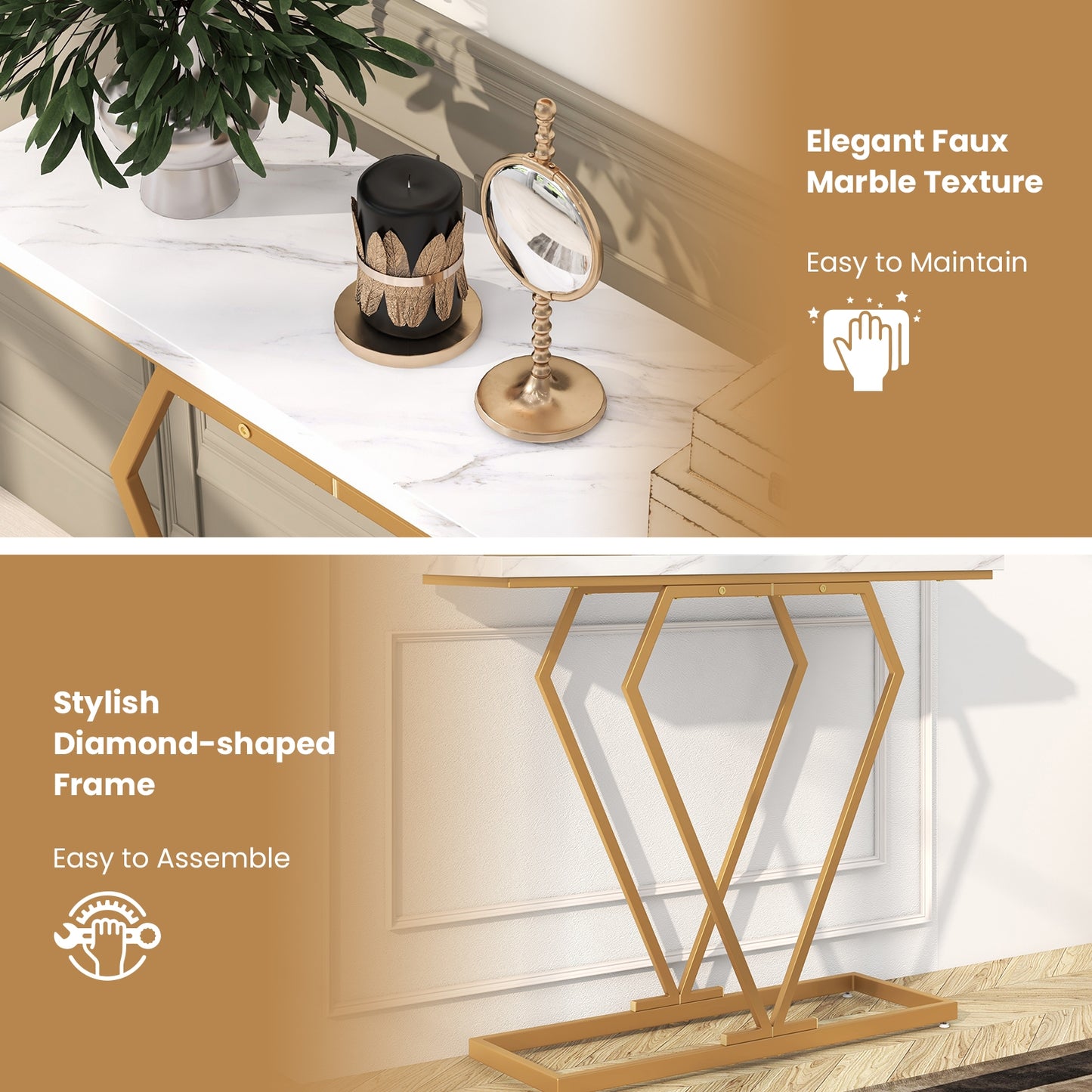 Gold Console Table with Diamond Shape Geometric Frame-White Kids Crystal