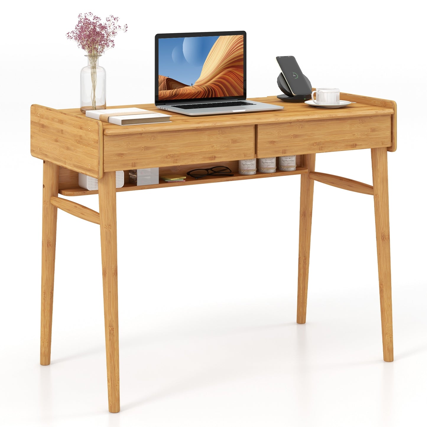 Bamboo Writing Desk with 2 Storage Drawers and Open Shelf-Natural Kids Crystal