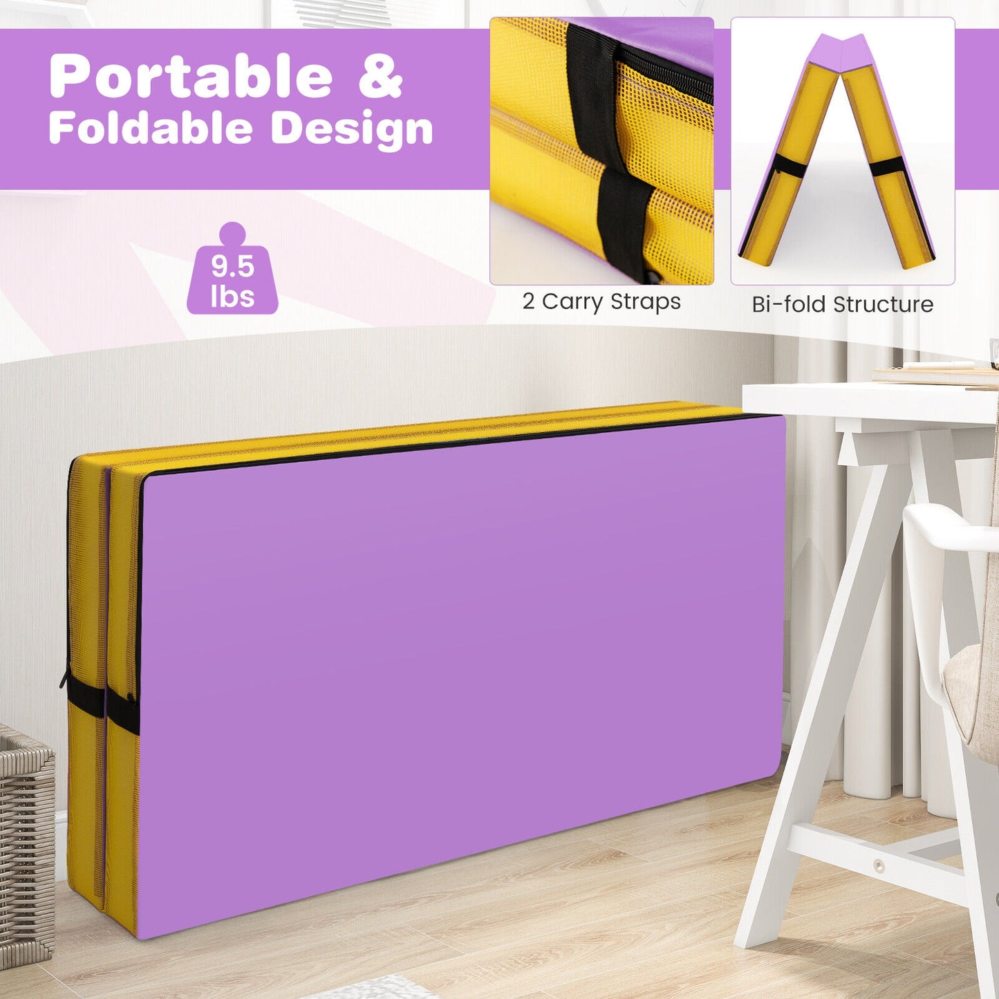 4ft x 4ft x 4in Bi-Folding Gymnastic Tumbling Mat with Handles and Cover-Purple Kids Crystal