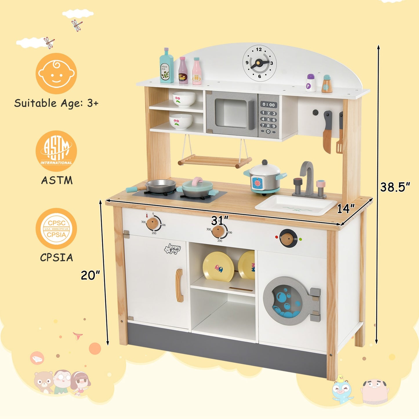 Wooden Pretend Kids Play Kitchen Set with Cooking Accessories Kids Crystal