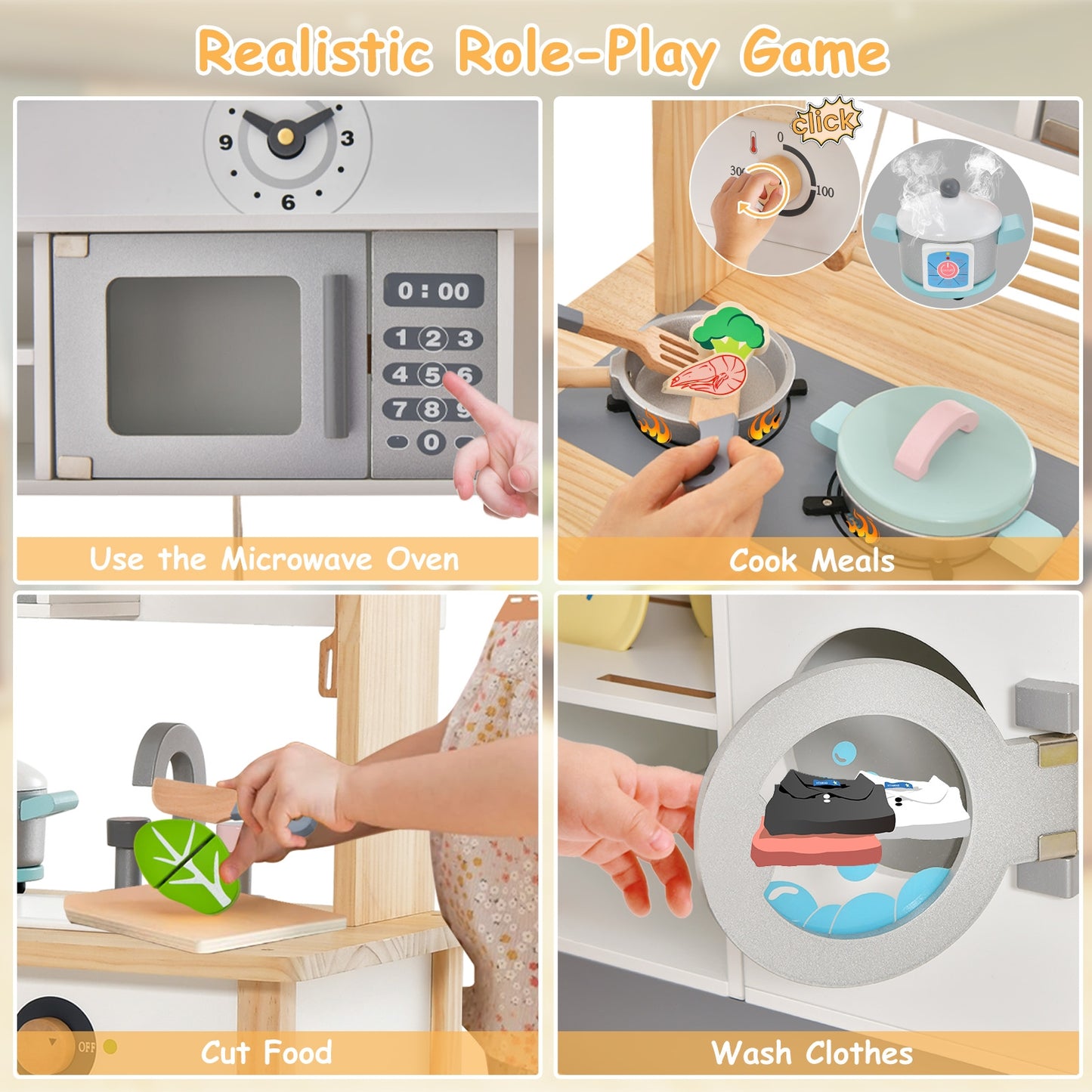 Wooden Pretend Kids Play Kitchen Set with Cooking Accessories Kids Crystal