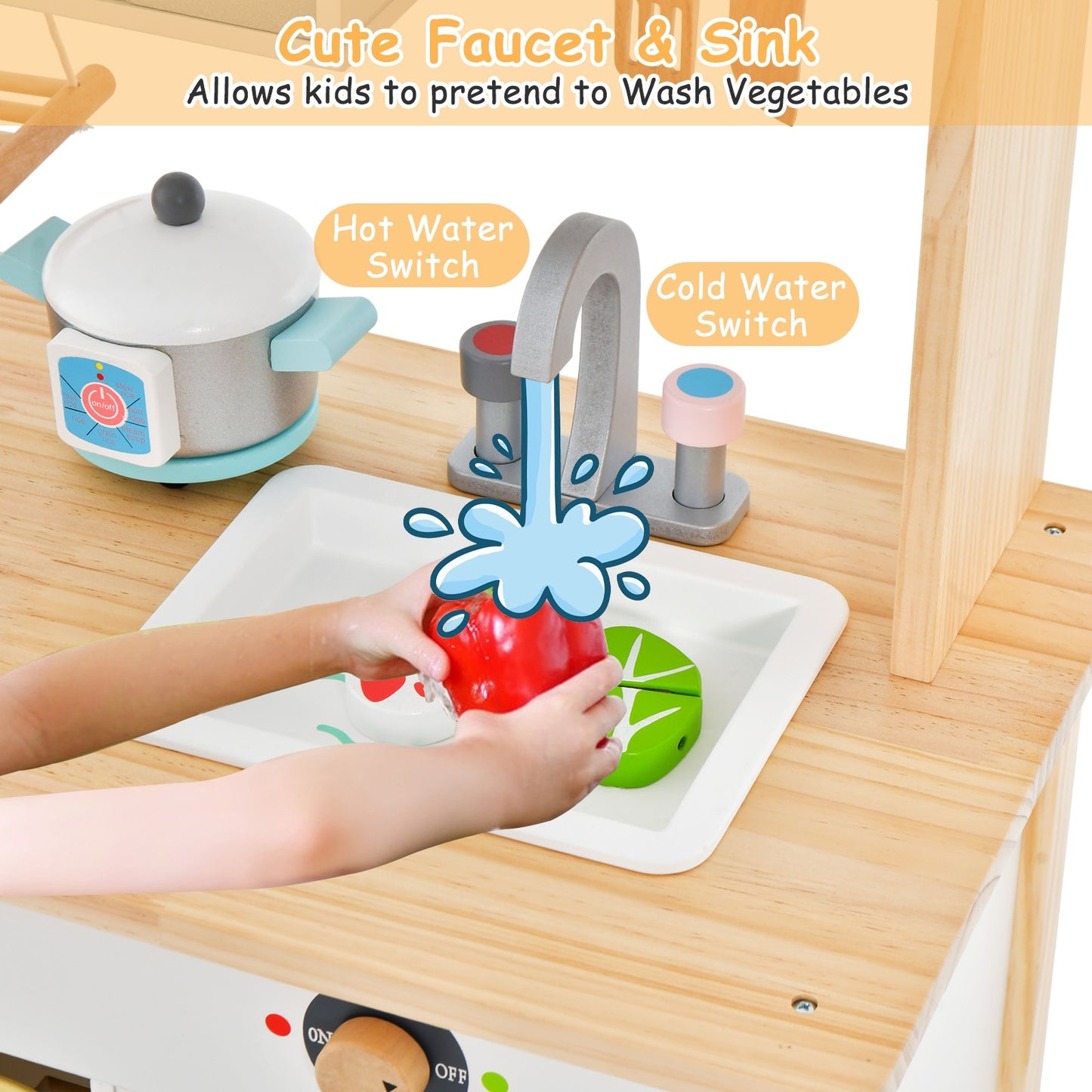 Wooden Pretend Kids Play Kitchen Set with Cooking Accessories Kids Crystal