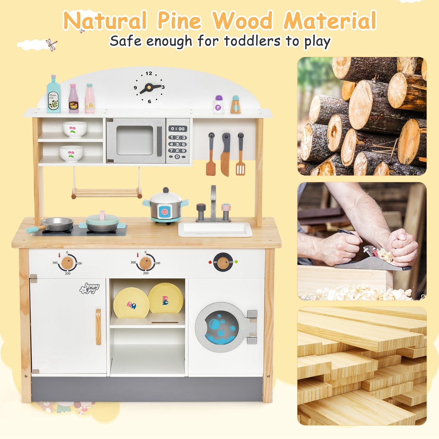 Wooden Pretend Kids Play Kitchen Set with Cooking Accessories Kids Crystal