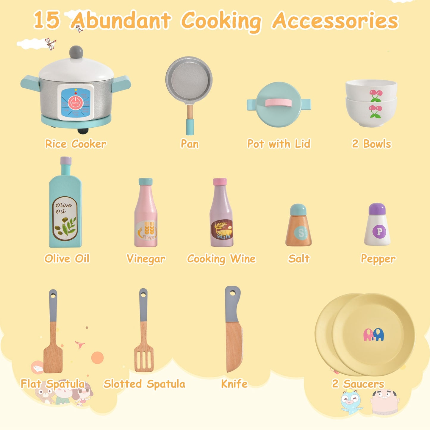 Wooden Pretend Kids Play Kitchen Set with Cooking Accessories Kids Crystal