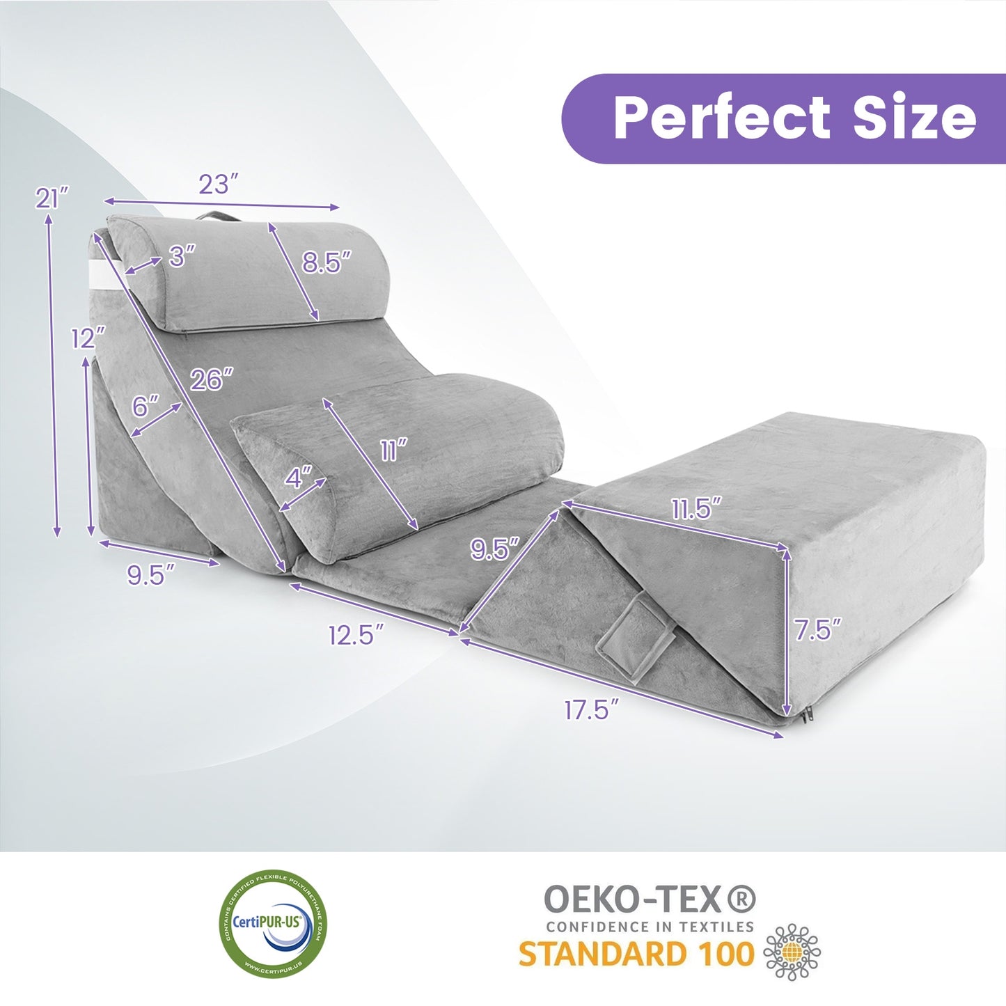 7 Pieces Bed Wedge Pillow Set with Memory Foam and Washable Cover-Gray Kids Crystal