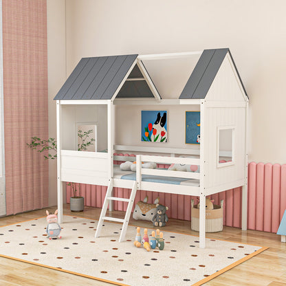 Twin Size Kids House Bed Low Loft Bed Frame with Roof-White