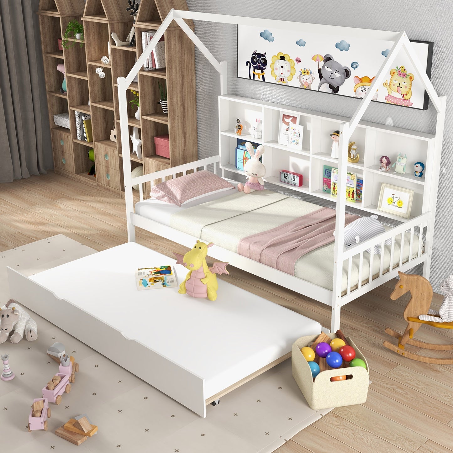 Twin Size Kids Montessori Daybed with Roof and Shelf Compartments-White Kids Crystal