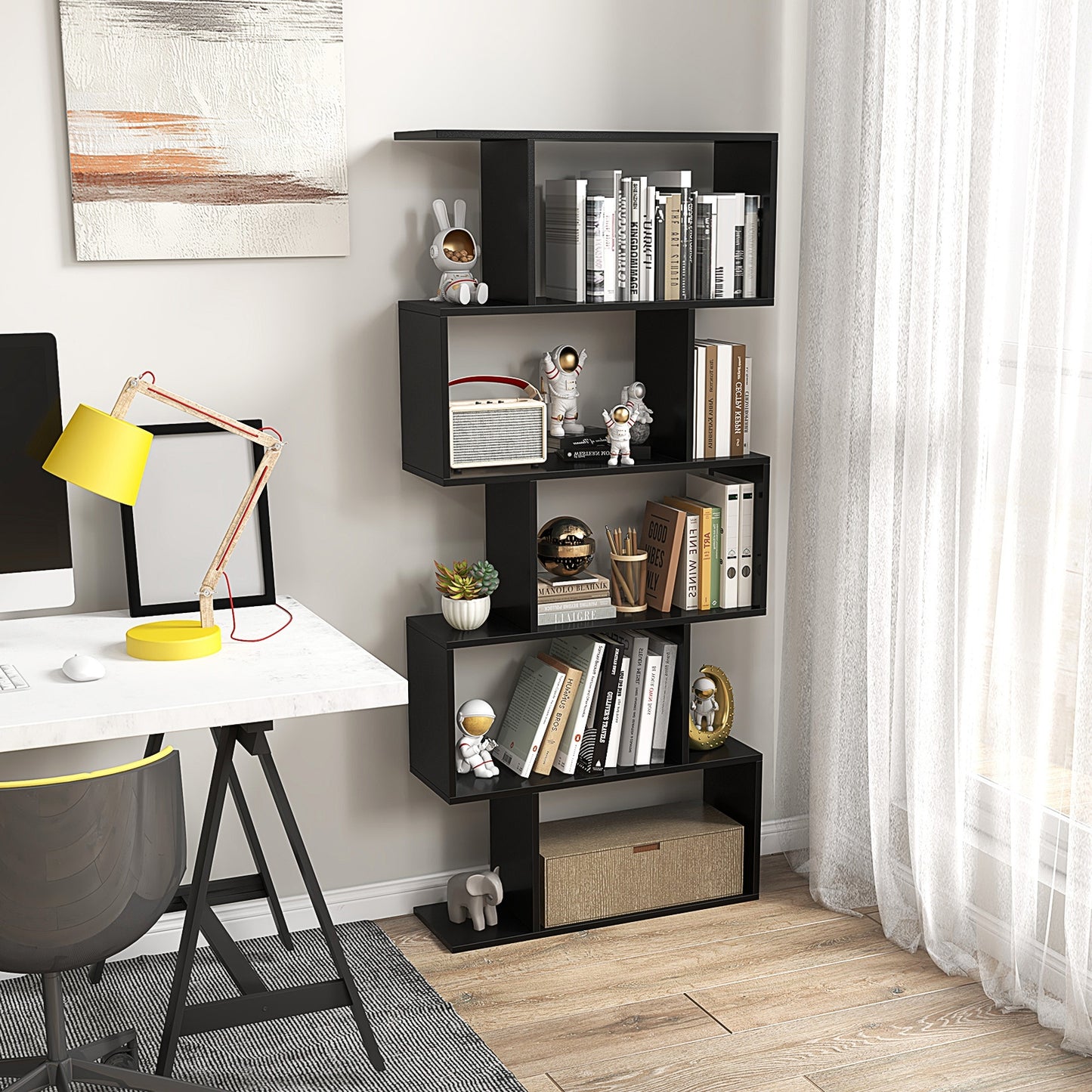 5-Tier Bookshelf with Anti-Toppling Device for Living Room Home Office-Black Kids Crystal