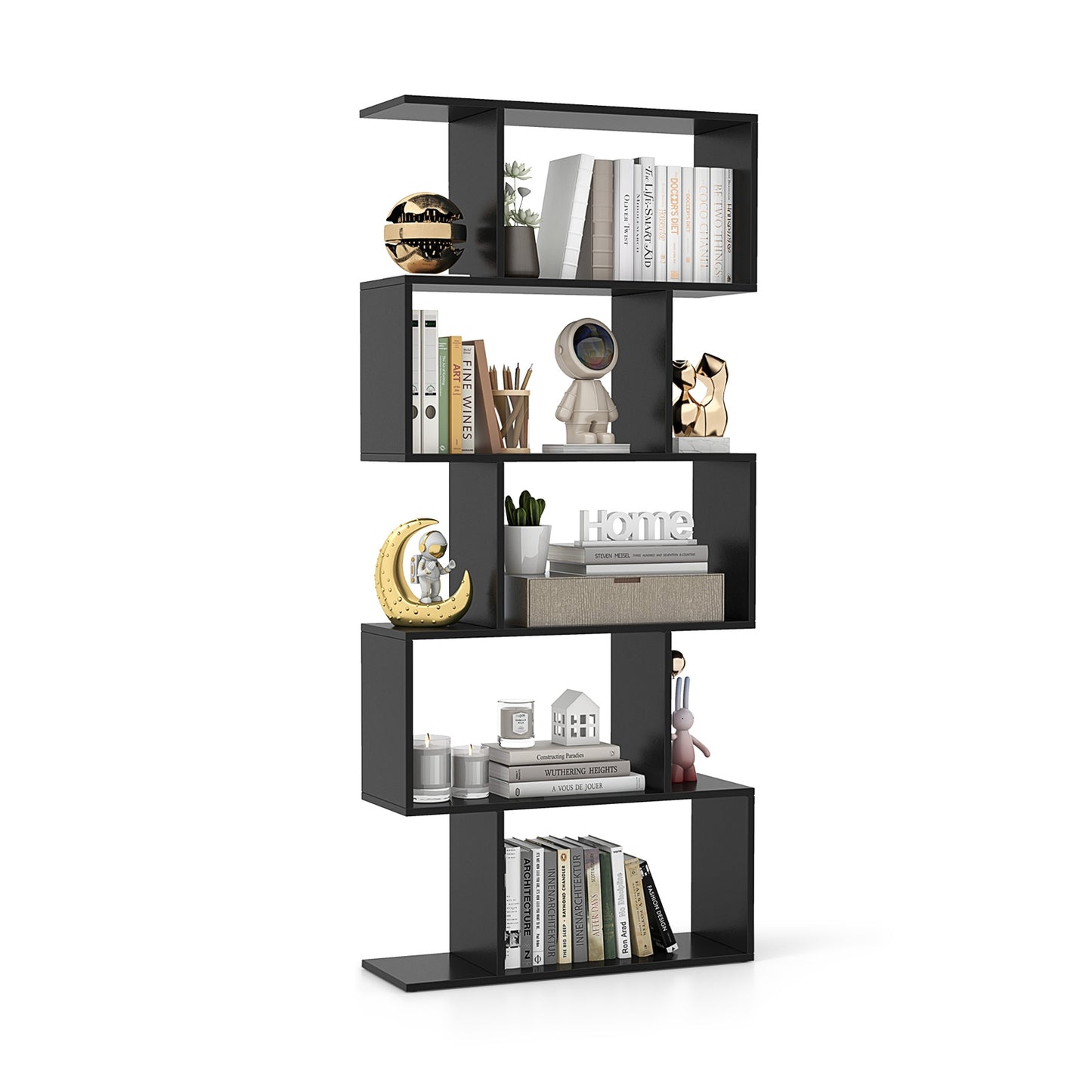 5-Tier Bookshelf with Anti-Toppling Device for Living Room Home Office-Black Kids Crystal