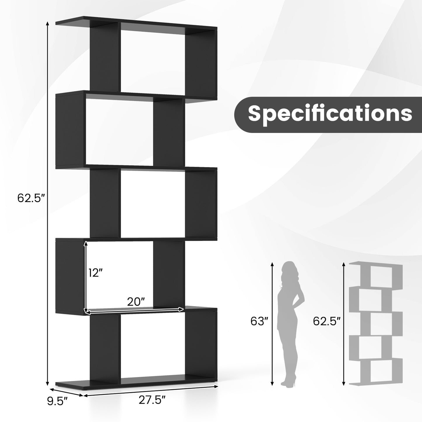 5-Tier Bookshelf with Anti-Toppling Device for Living Room Home Office-Black Kids Crystal