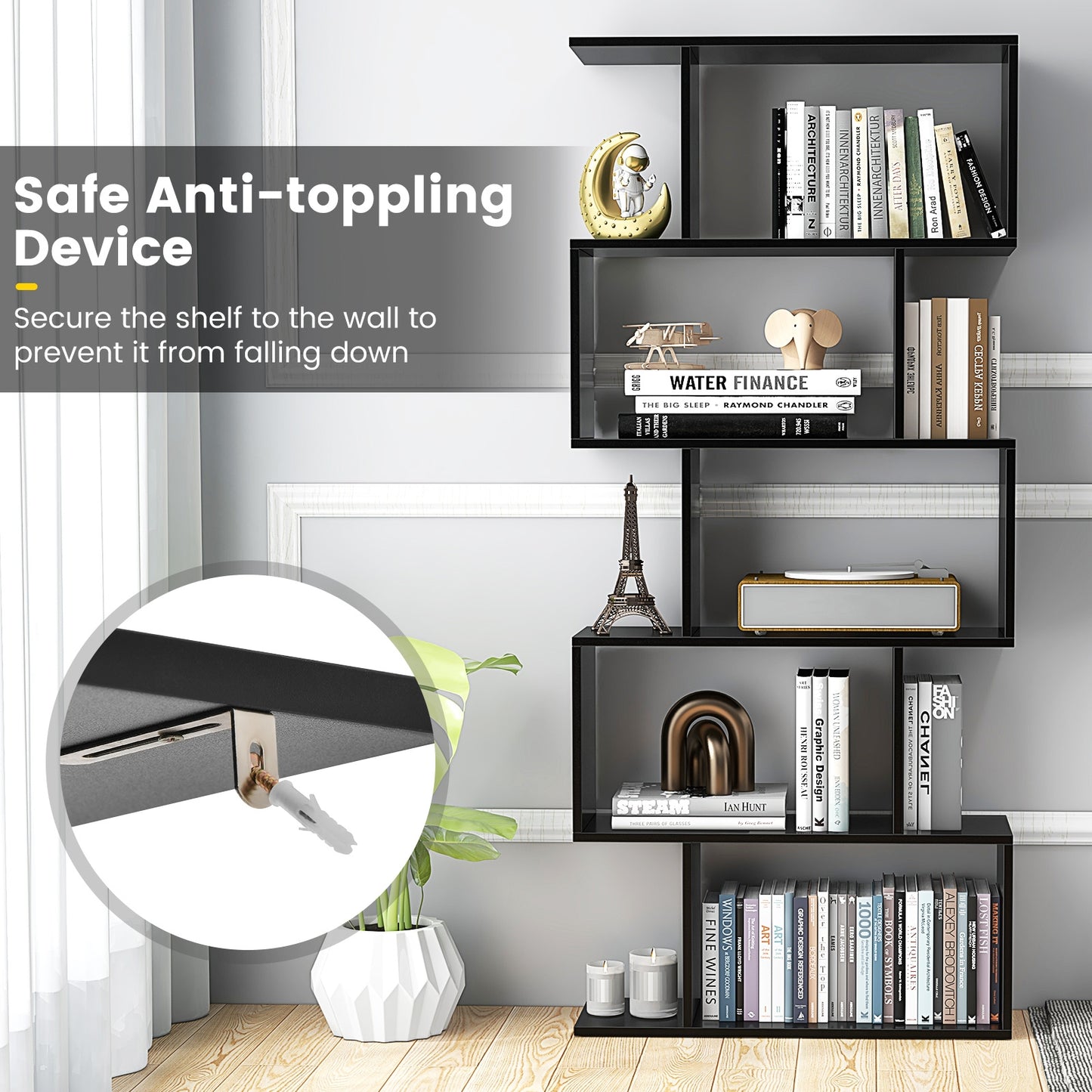 5-Tier Bookshelf with Anti-Toppling Device for Living Room Home Office-Black Kids Crystal