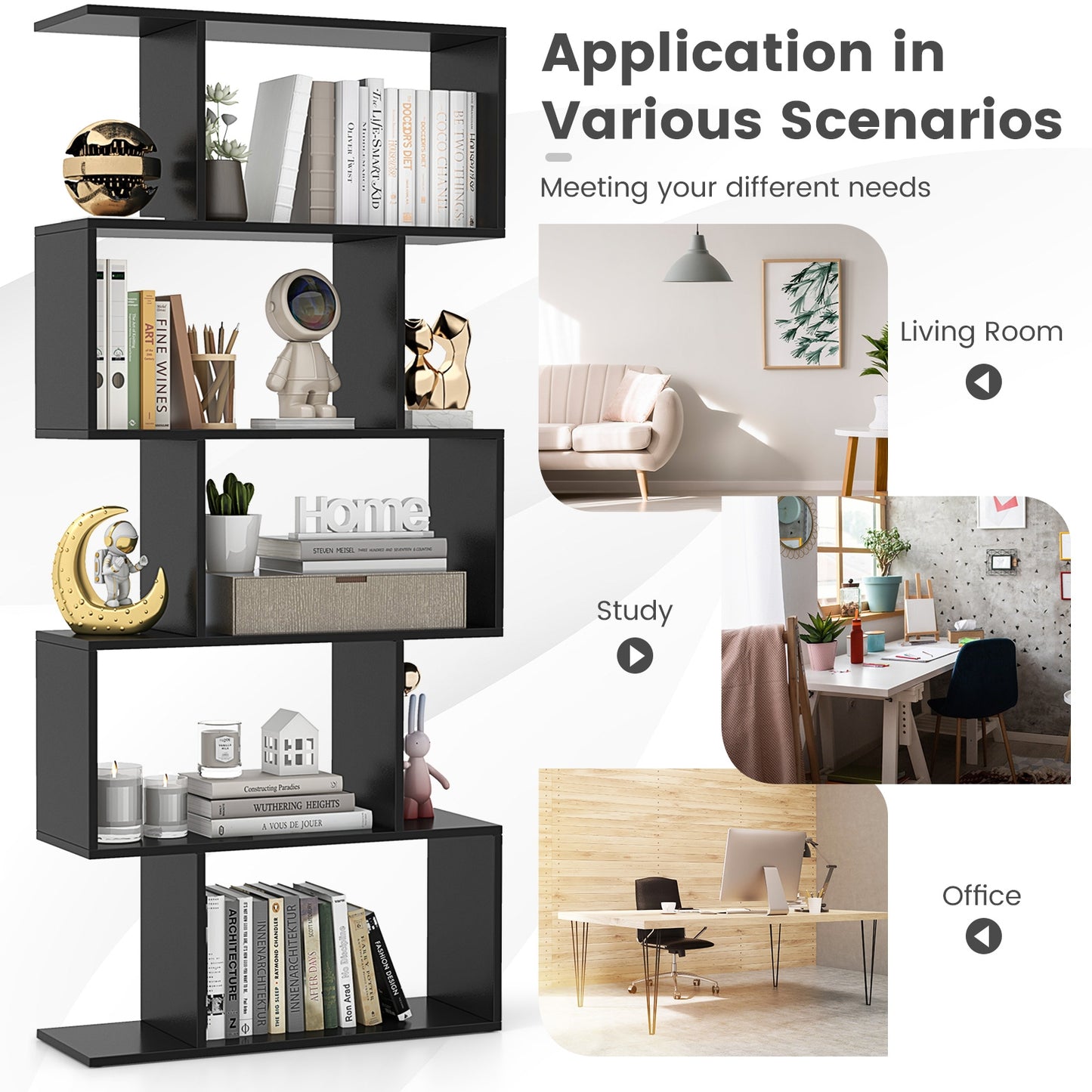 5-Tier Bookshelf with Anti-Toppling Device for Living Room Home Office-Black Kids Crystal