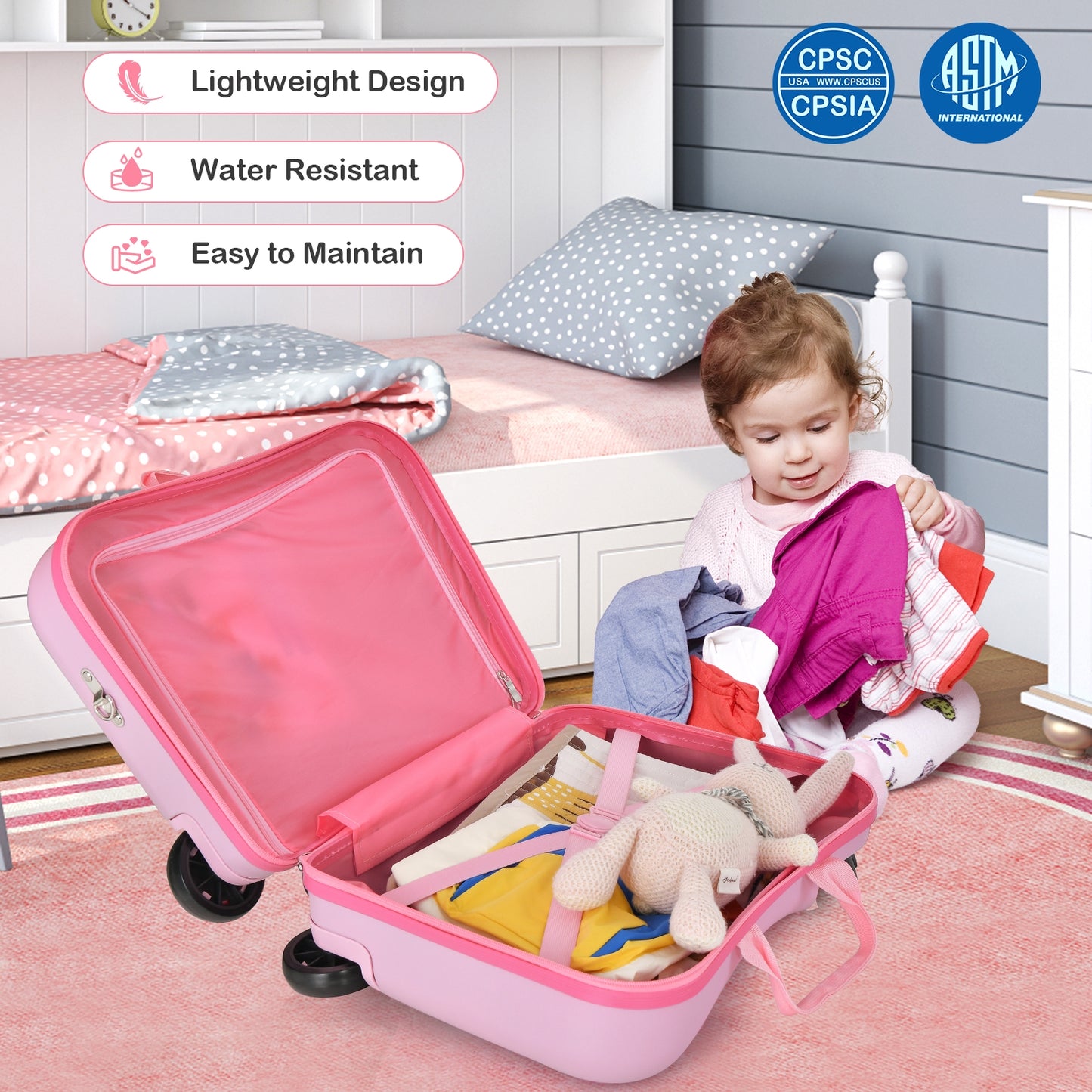 2 Pieces 18 Inch Ride-on Kids Luggage Set with Spinner Wheels-Pink Kids Crystal