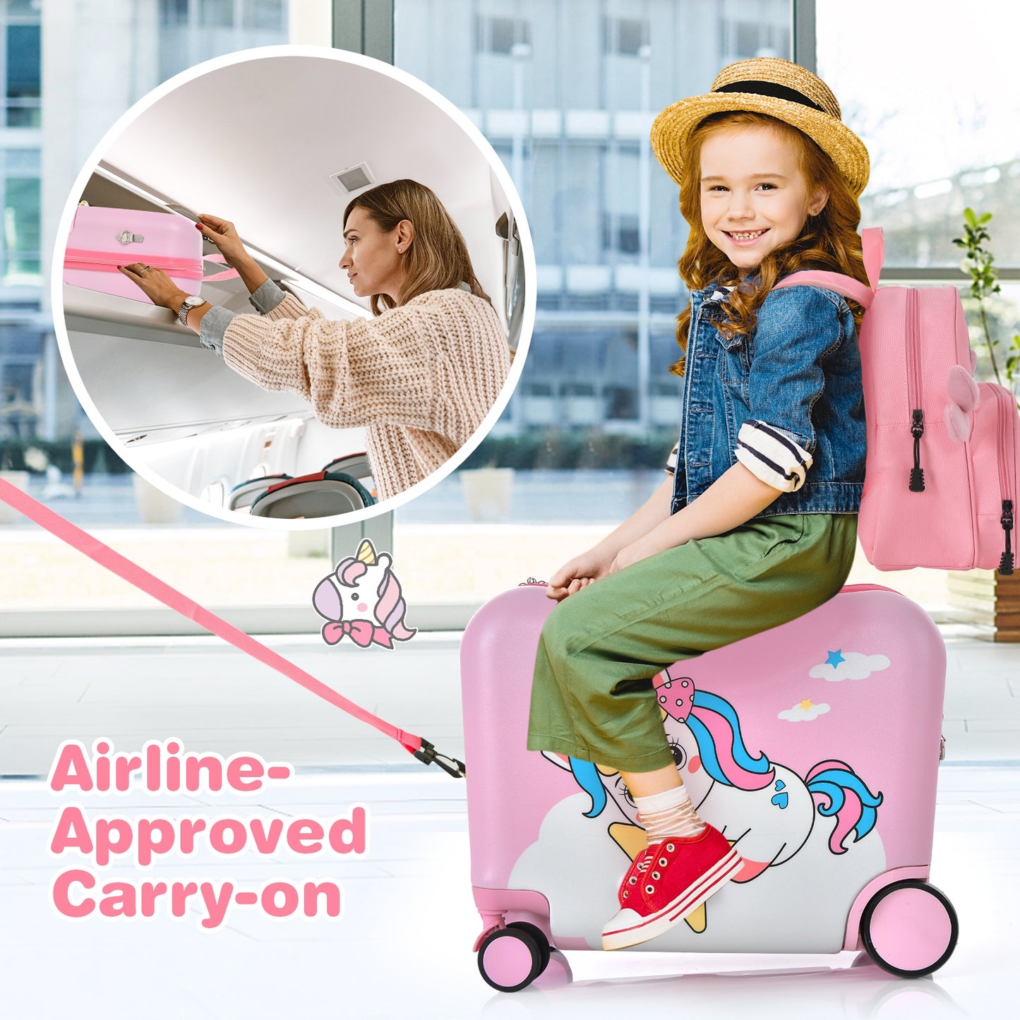 2 Pieces 18 Inch Ride-on Kids Luggage Set with Spinner Wheels-Pink Kids Crystal