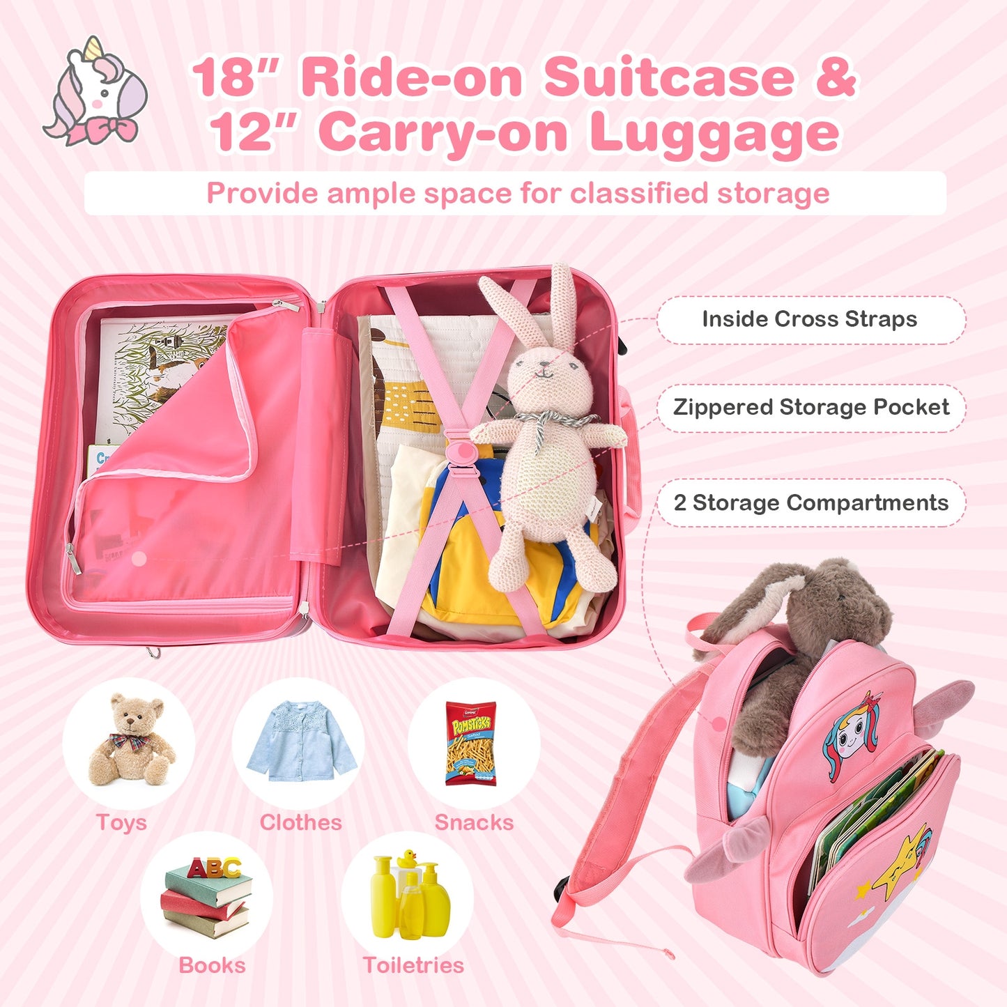 2 Pieces 18 Inch Ride-on Kids Luggage Set with Spinner Wheels-Pink Kids Crystal