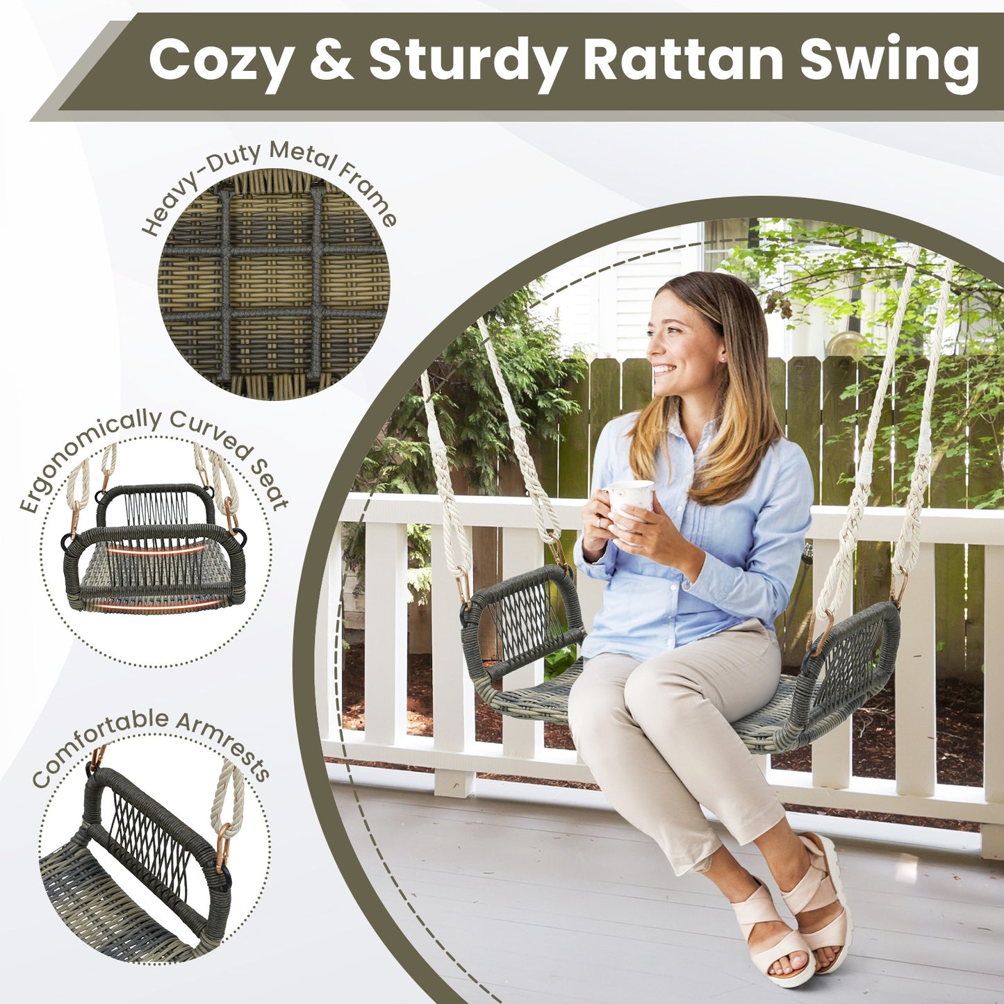 Wicker Porch Swing Seat with Cozy Armrests Kids Crystal