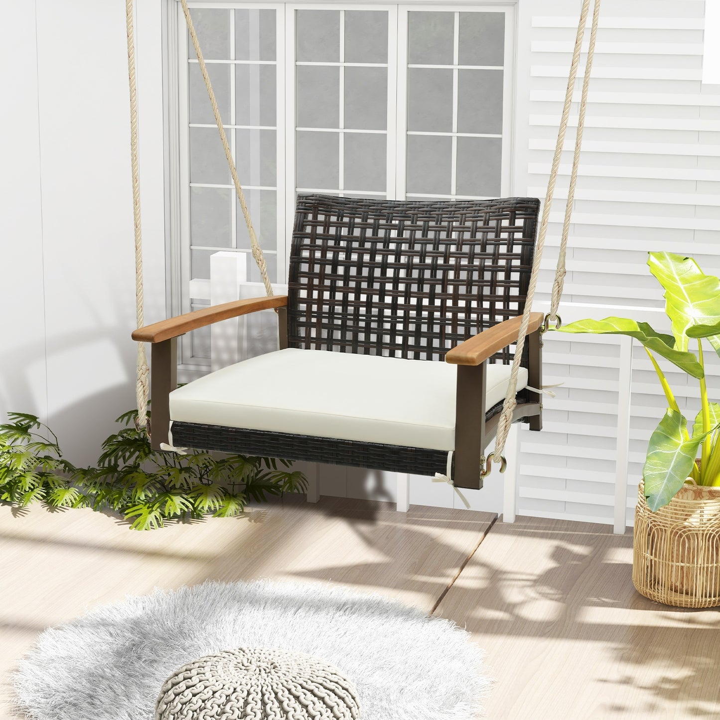 Single Rattan Porch Swing with Armrests Cushion and Hanging Ropes-White Kids Crystal