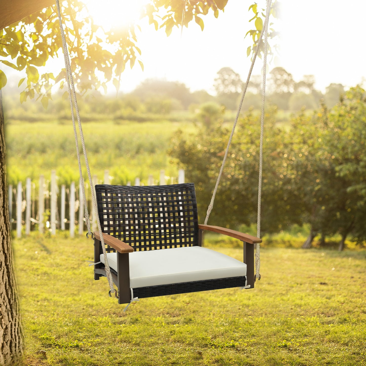 Single Rattan Porch Swing with Armrests Cushion and Hanging Ropes-White Kids Crystal
