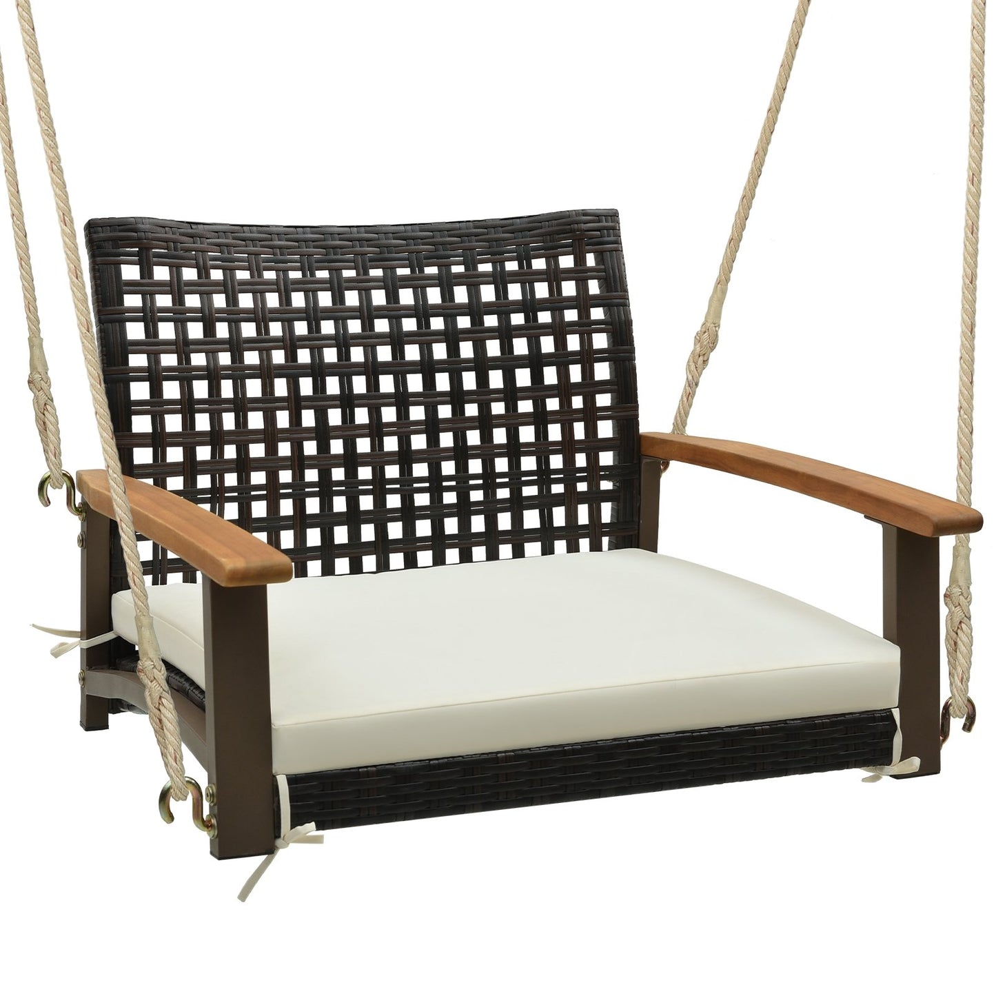 Single Rattan Porch Swing with Armrests Cushion and Hanging Ropes-White Kids Crystal