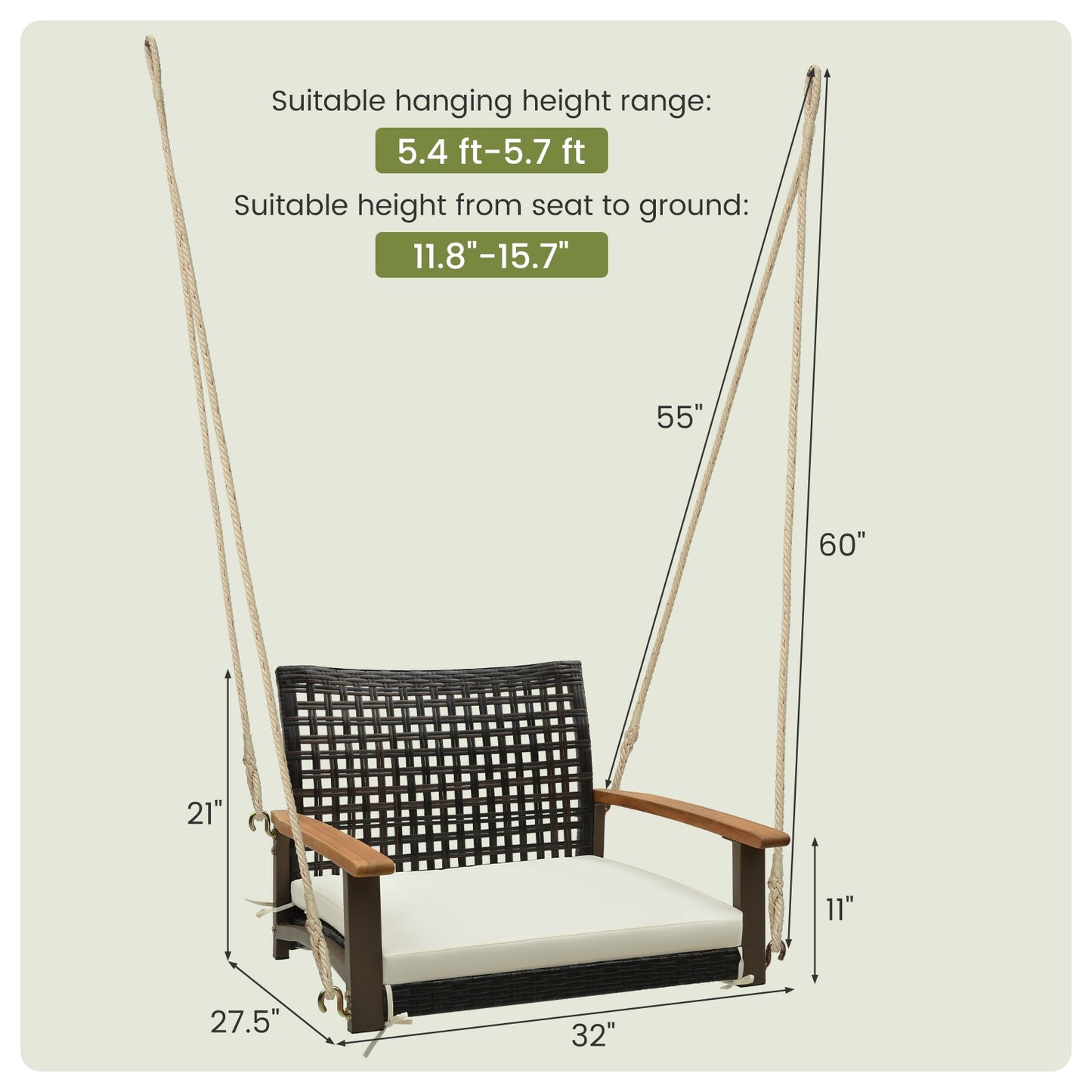 Single Rattan Porch Swing with Armrests Cushion and Hanging Ropes-White Kids Crystal
