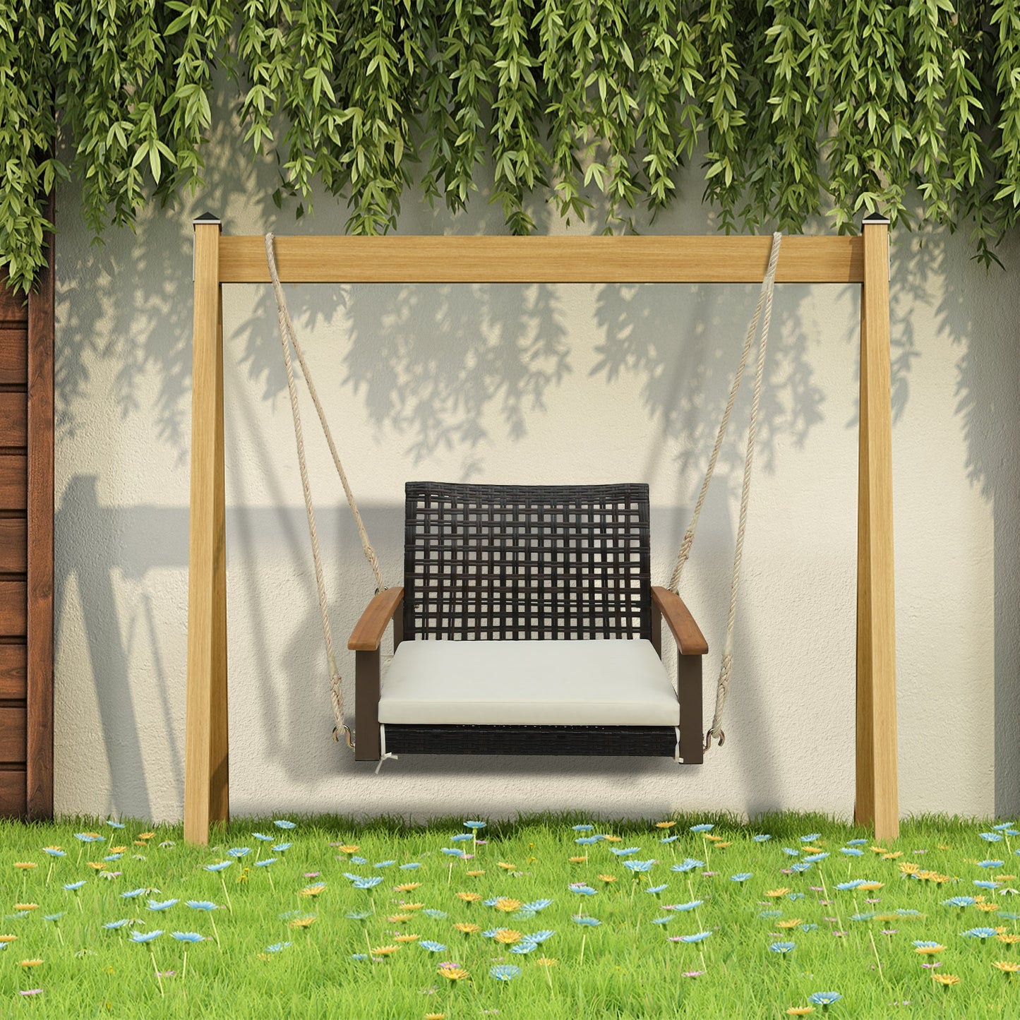 Single Rattan Porch Swing with Armrests Cushion and Hanging Ropes-White Kids Crystal