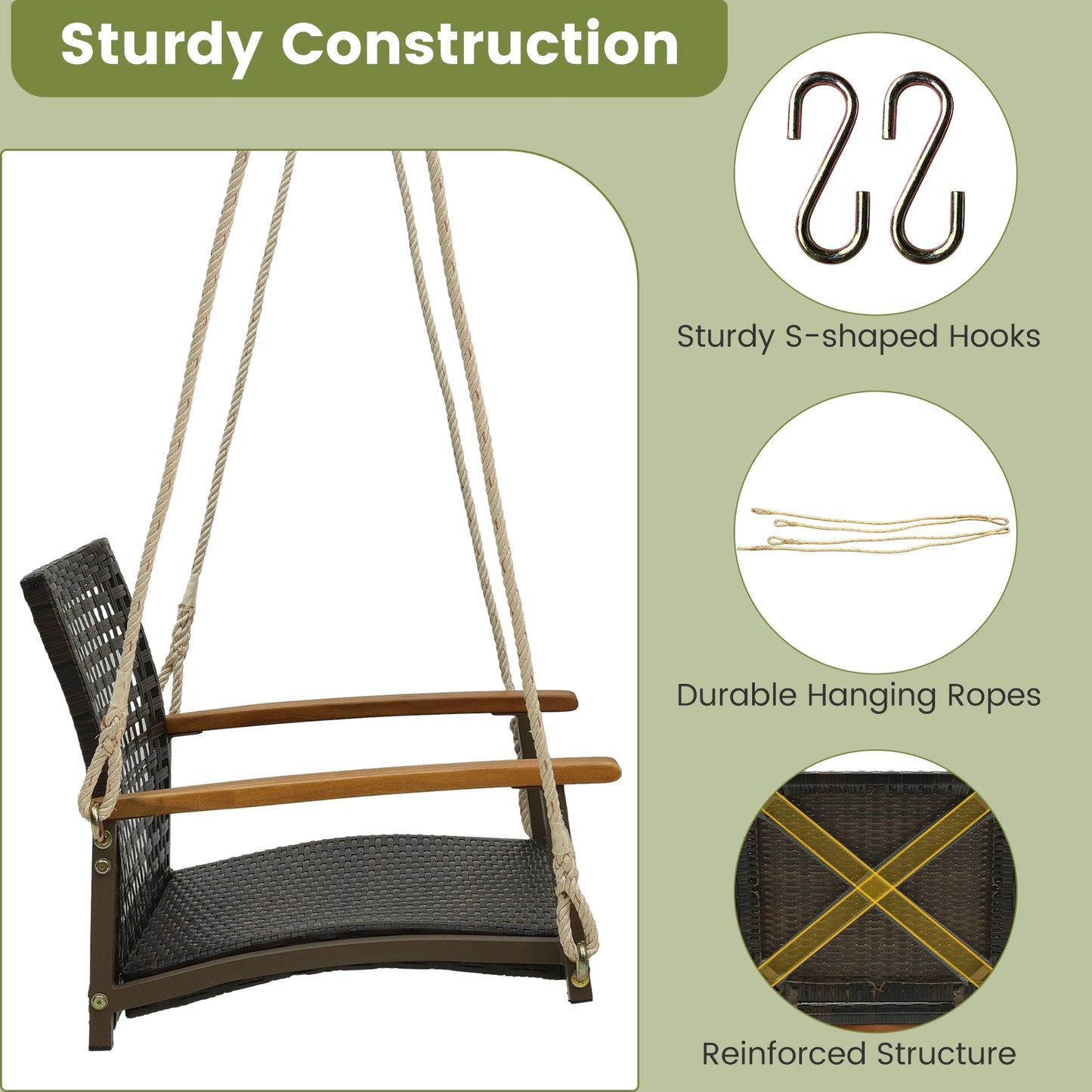 Single Rattan Porch Swing with Armrests Cushion and Hanging Ropes-White Kids Crystal