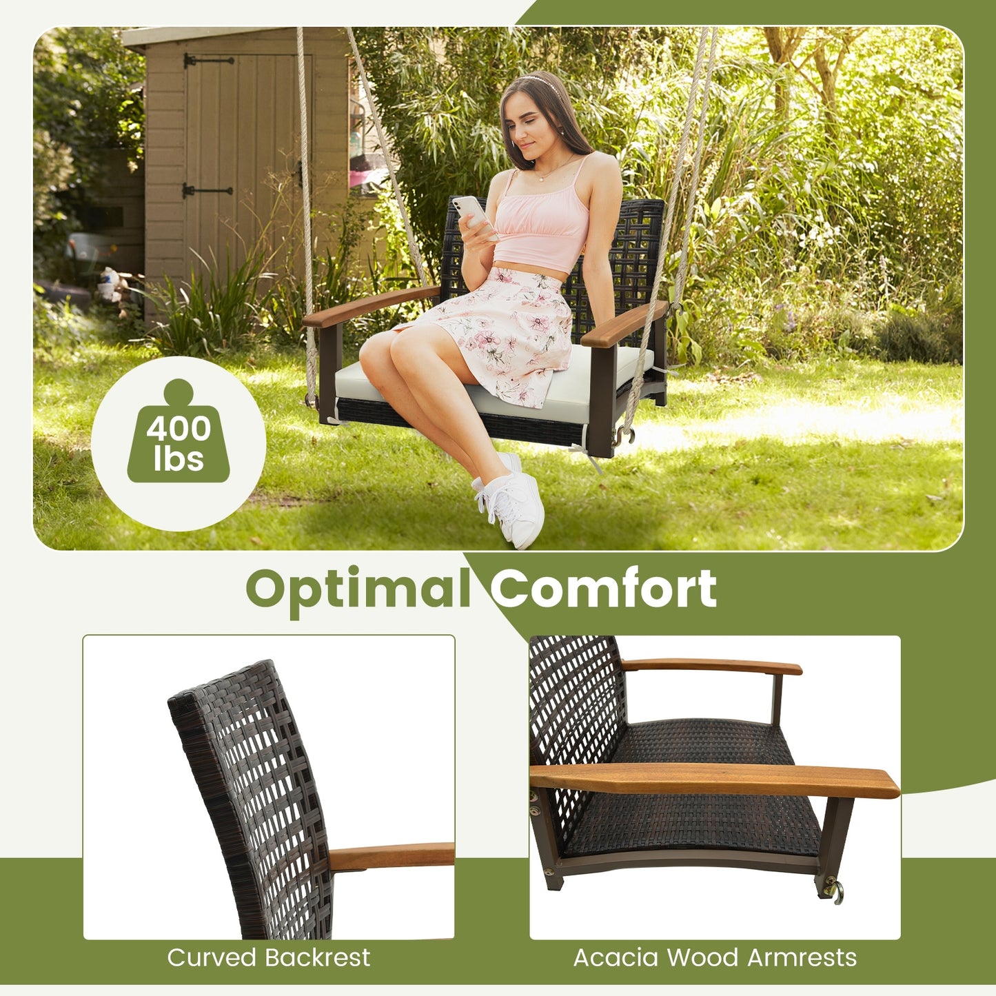 Single Rattan Porch Swing with Armrests Cushion and Hanging Ropes-White Kids Crystal