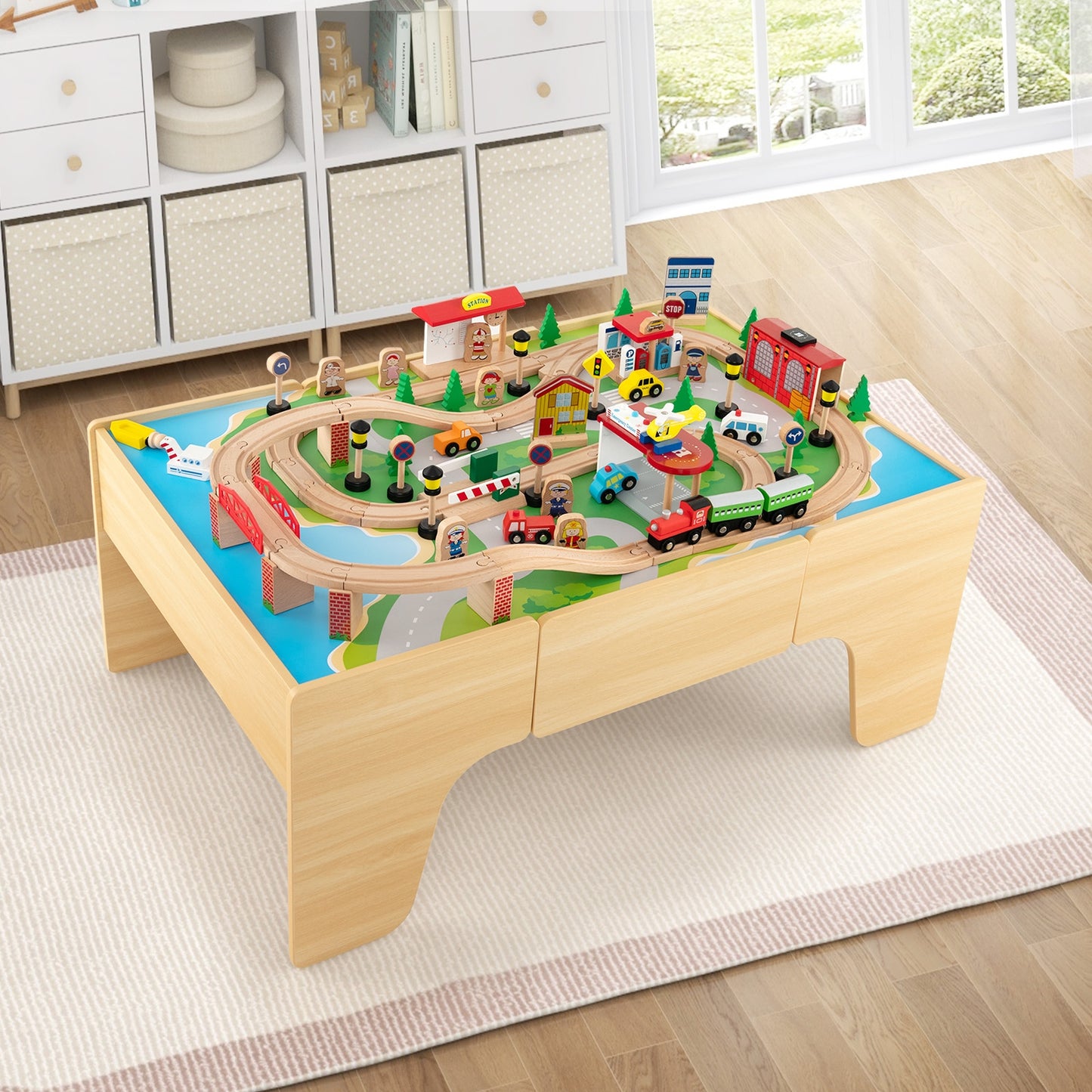 84-Piece Wooden Train Set with Reversible and Detachable Tabletop Kids Crystal
